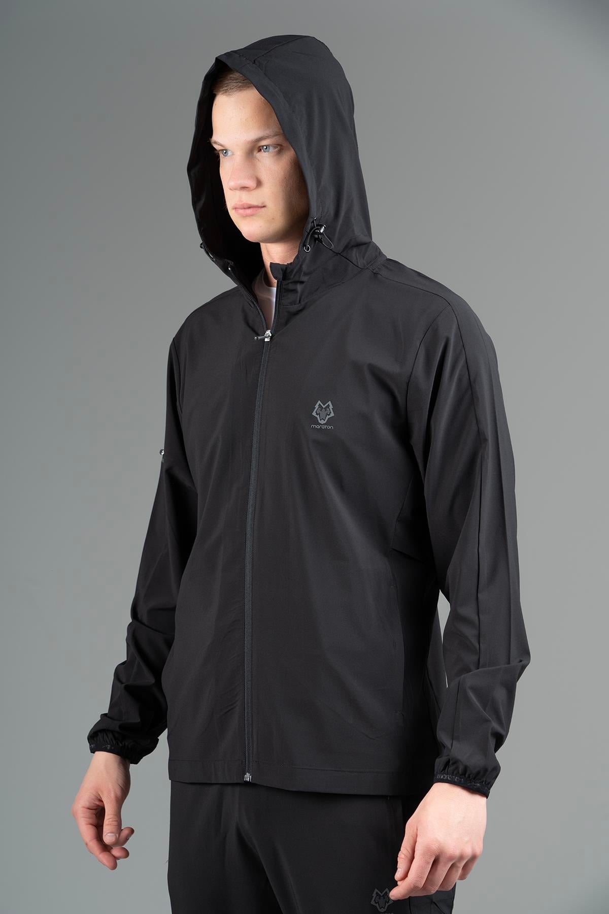 Maraton Active Regular Erkek Kapşonlu  Reglan Kol Basic Siyah Eşofman Üstü 22668