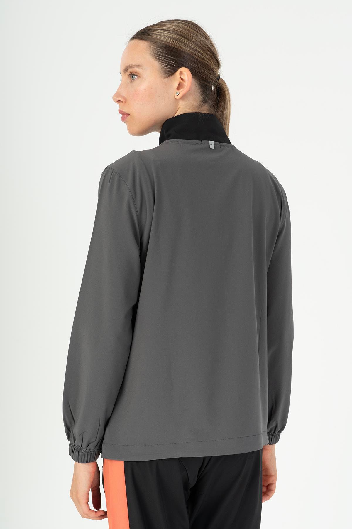 Maraton Active Regular Kadın Dik Yaka  Takma Kol Fitness Açık Antrasit Tracktop 22192
