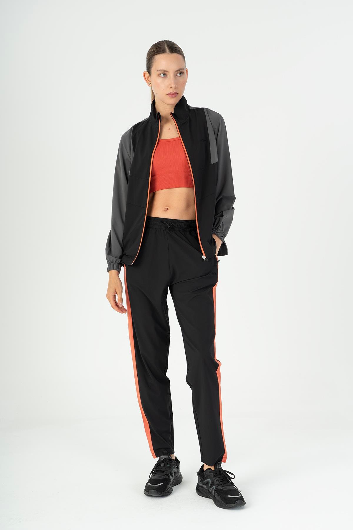 Maraton Active Regular Kadın Dik Yaka  Takma Kol Fitness Açık Antrasit Tracktop 22192