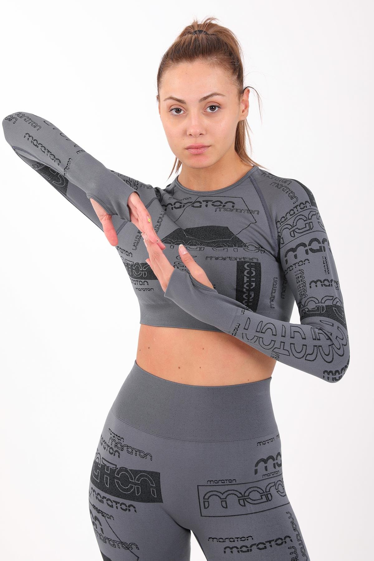Maraton Active SlimFit Kadın Bisiklet Yaka  Uzun Kol Koşu Crop Top 816025