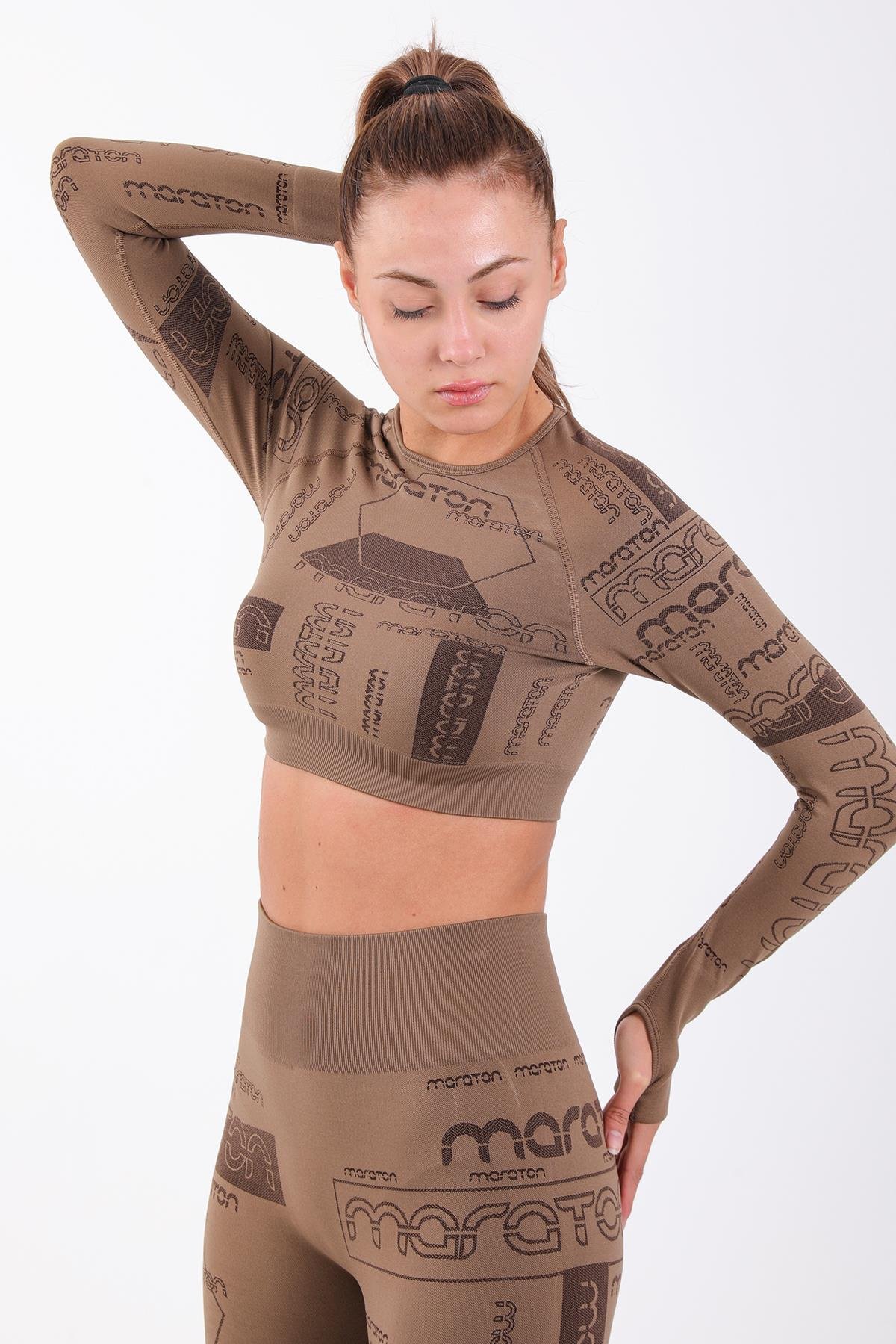 Maraton Active SlimFit Kadın Bisiklet Yaka  Uzun Kol Koşu Crop Top 816025