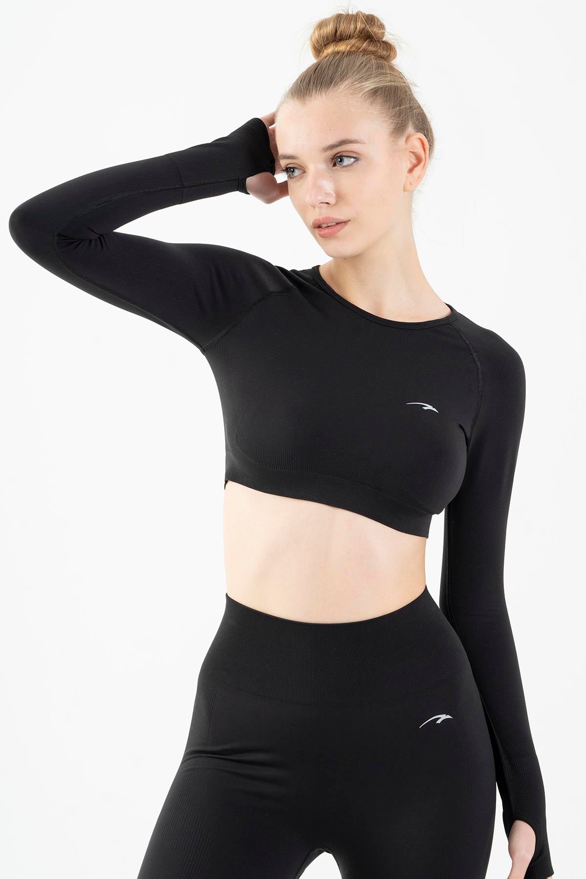 Maraton Active SlimFit Kadın Bisiklet Yaka  Uzun Kol Training Crop Top 816005