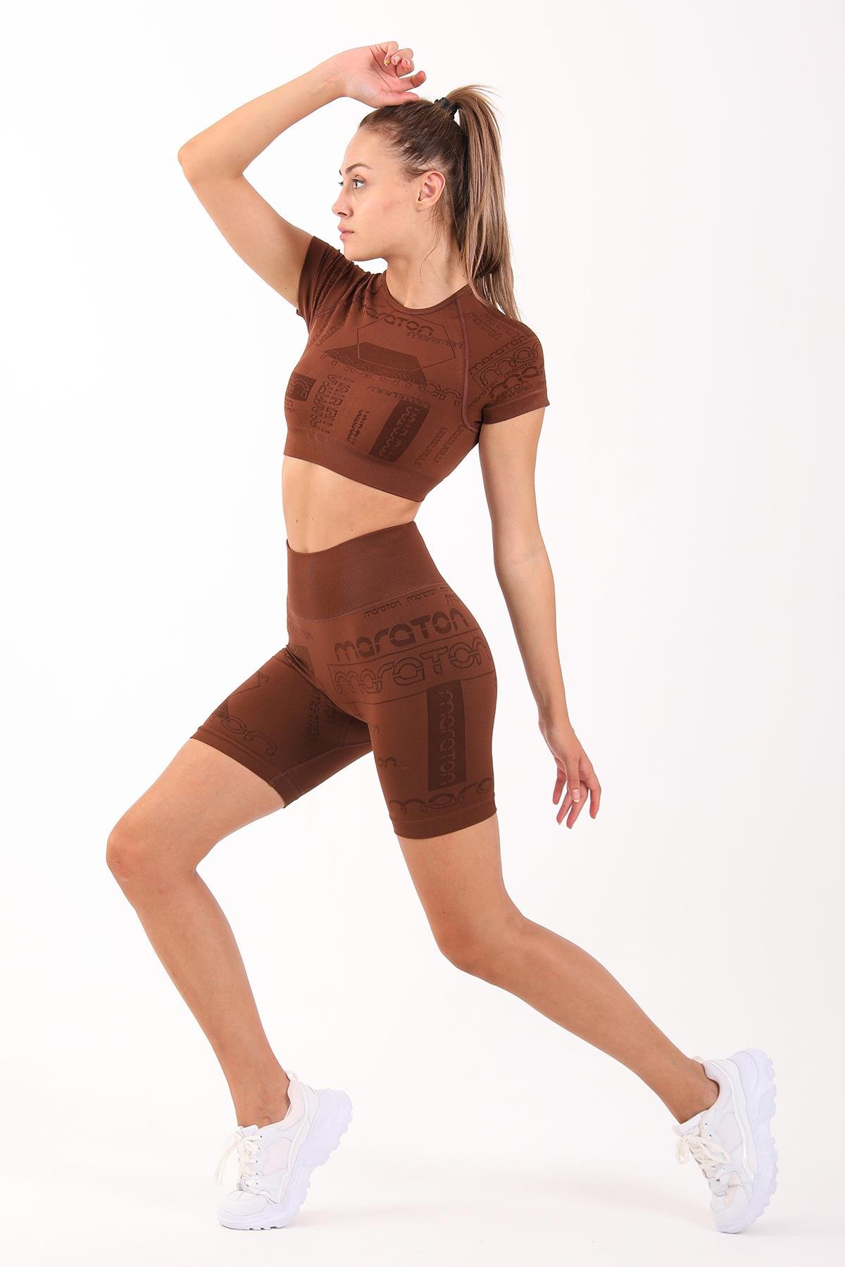 Maraton Active SlimFit Kadın Bisiklet Yaka  Kısa Kol Koşu Crop Top 811037