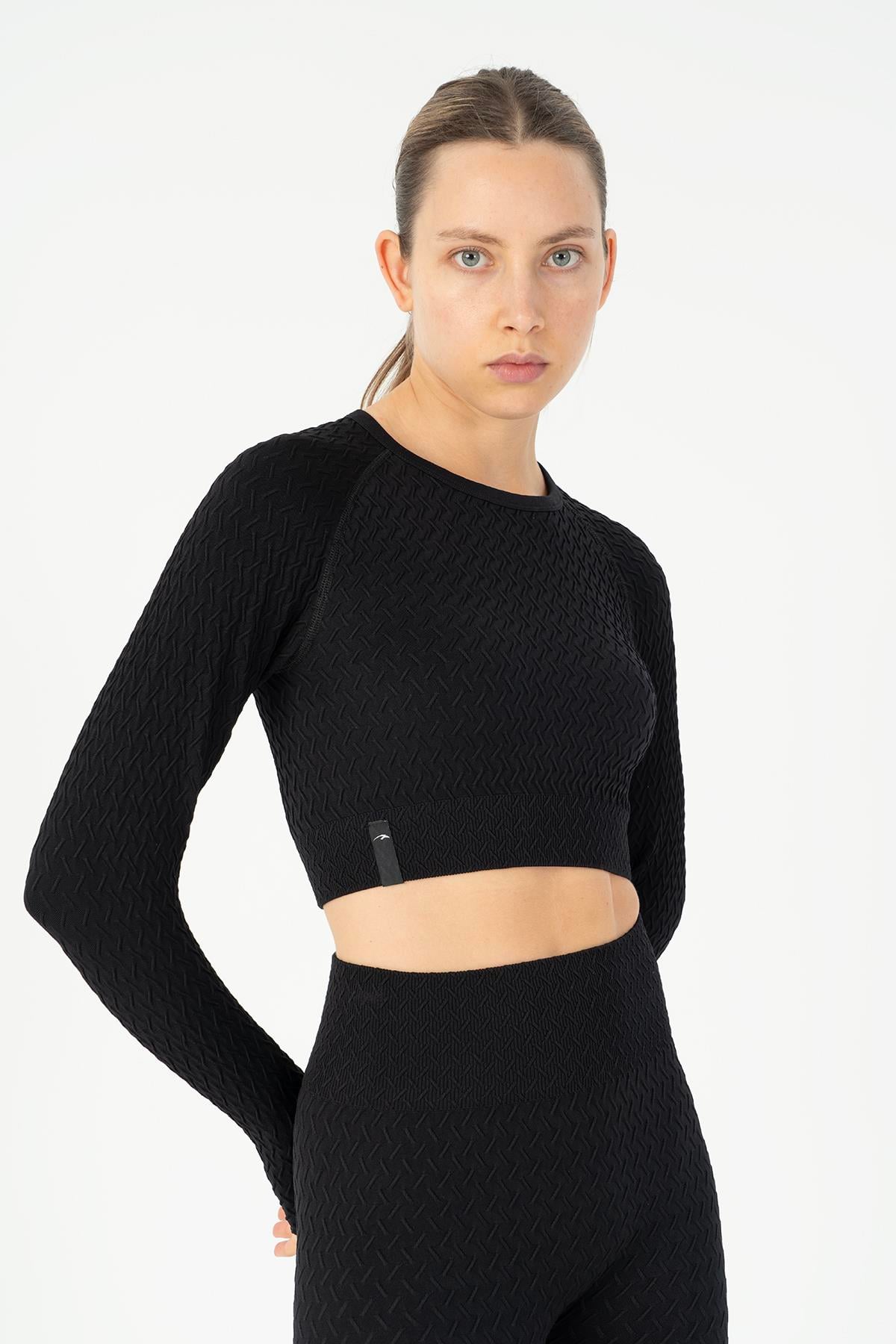 Maraton Active SlimFit Kadın Bisiklet Yaka  Reglan Kol Koşu Siyah Crop Top 816026