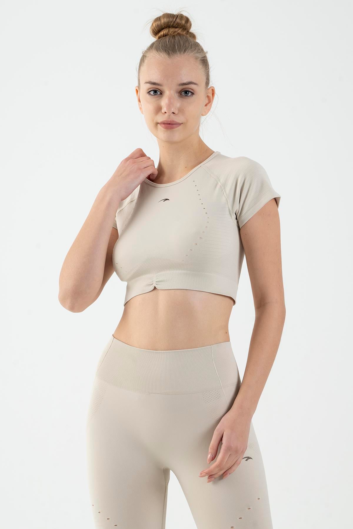 Maraton Active SlimFit Kadın Bisiklet Yaka  Kısa Kol Koşu Kil Rengi Crop Top 811038