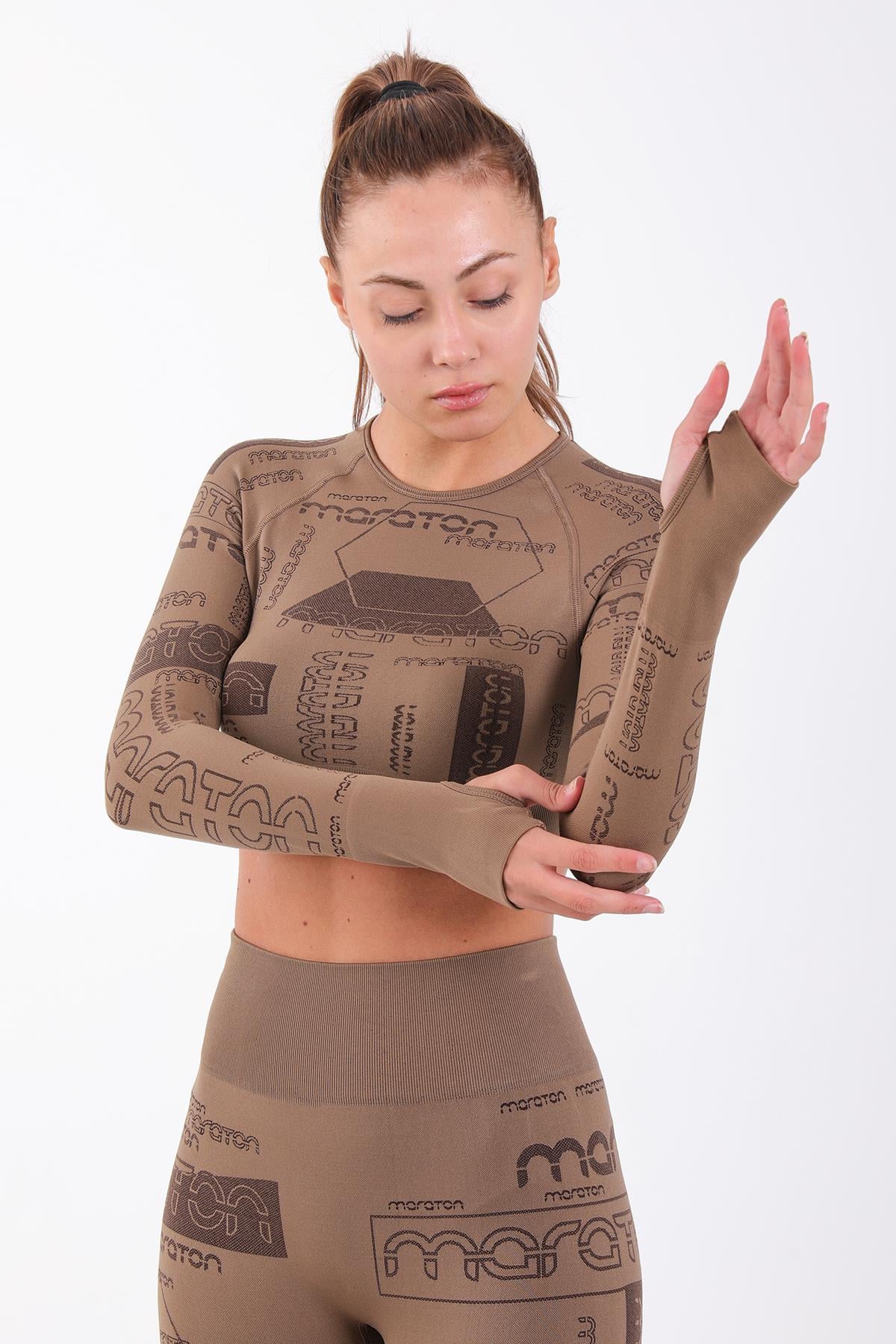 Maraton Active SlimFit Kadın Bisiklet Yaka  Uzun Kol Koşu Crop Top 816025