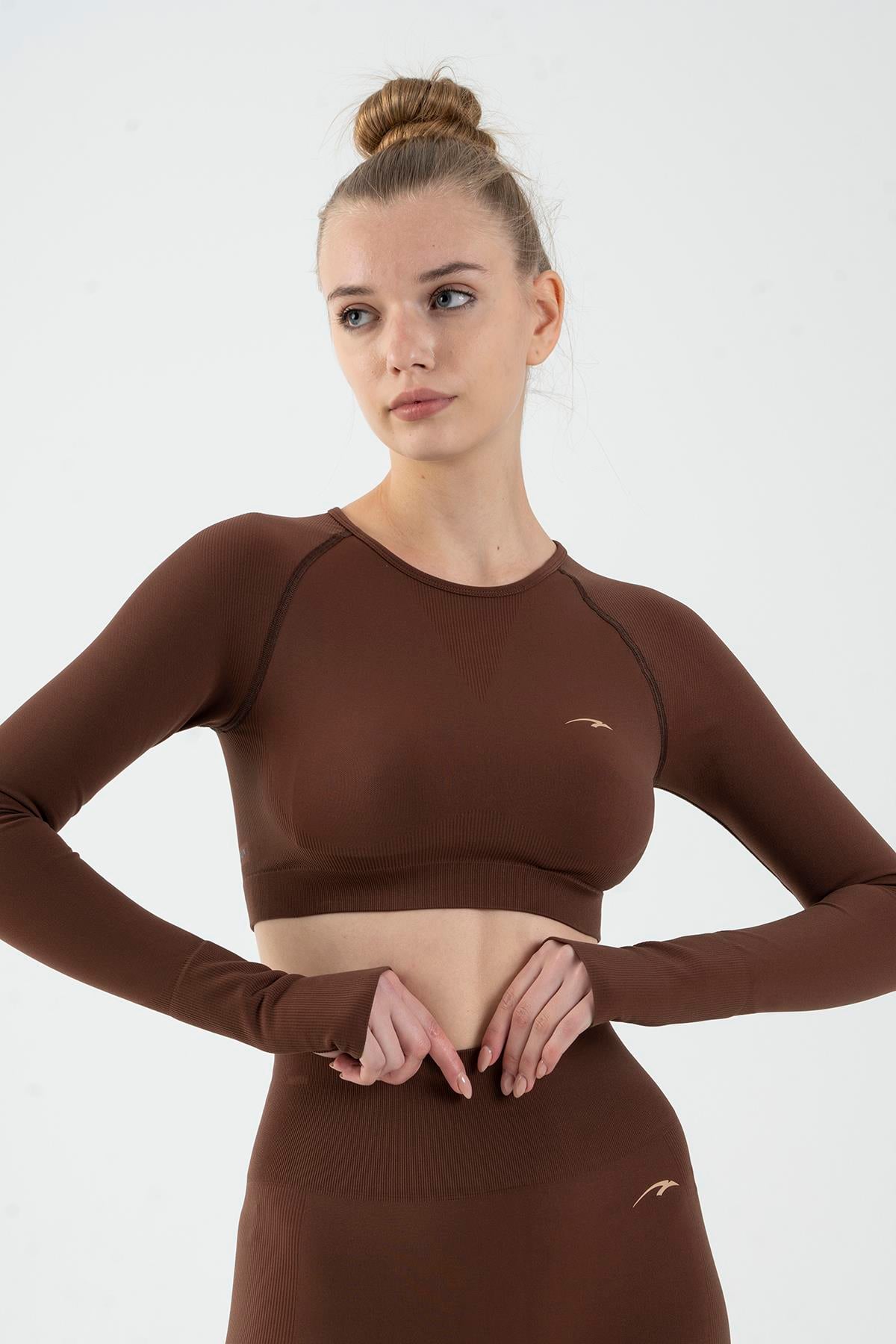 Maraton Active SlimFit Kadın Bisiklet Yaka  Uzun Kol Training Crop Top 816005