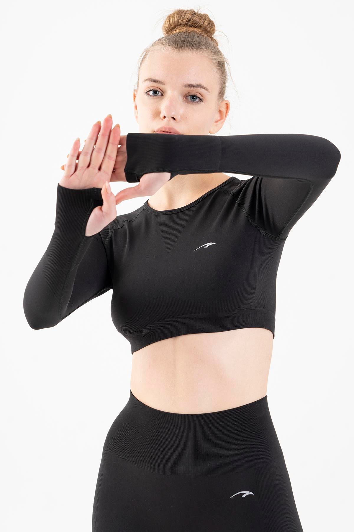 Maraton Active SlimFit Kadın Bisiklet Yaka  Uzun Kol Training Crop Top 816005