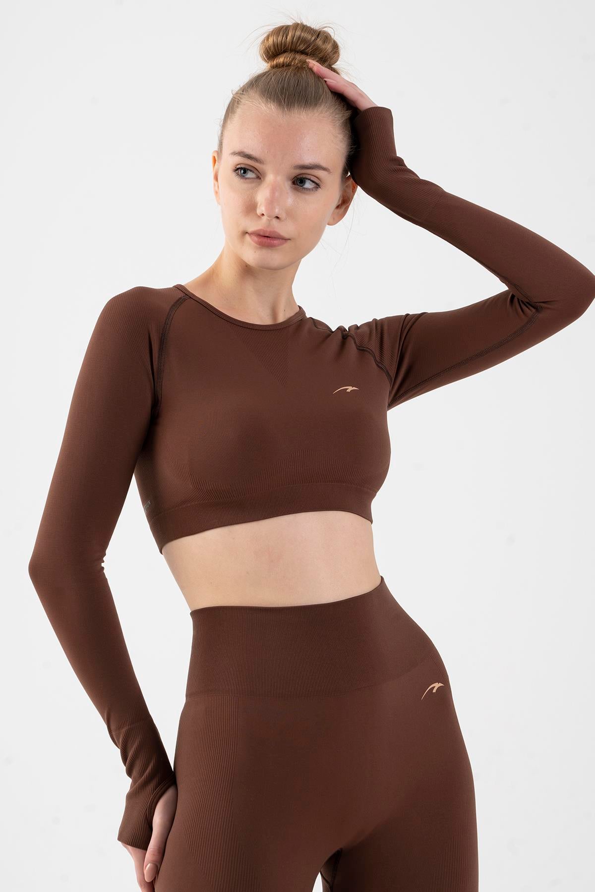 Maraton Active SlimFit Kadın Bisiklet Yaka  Uzun Kol Training Crop Top 816005