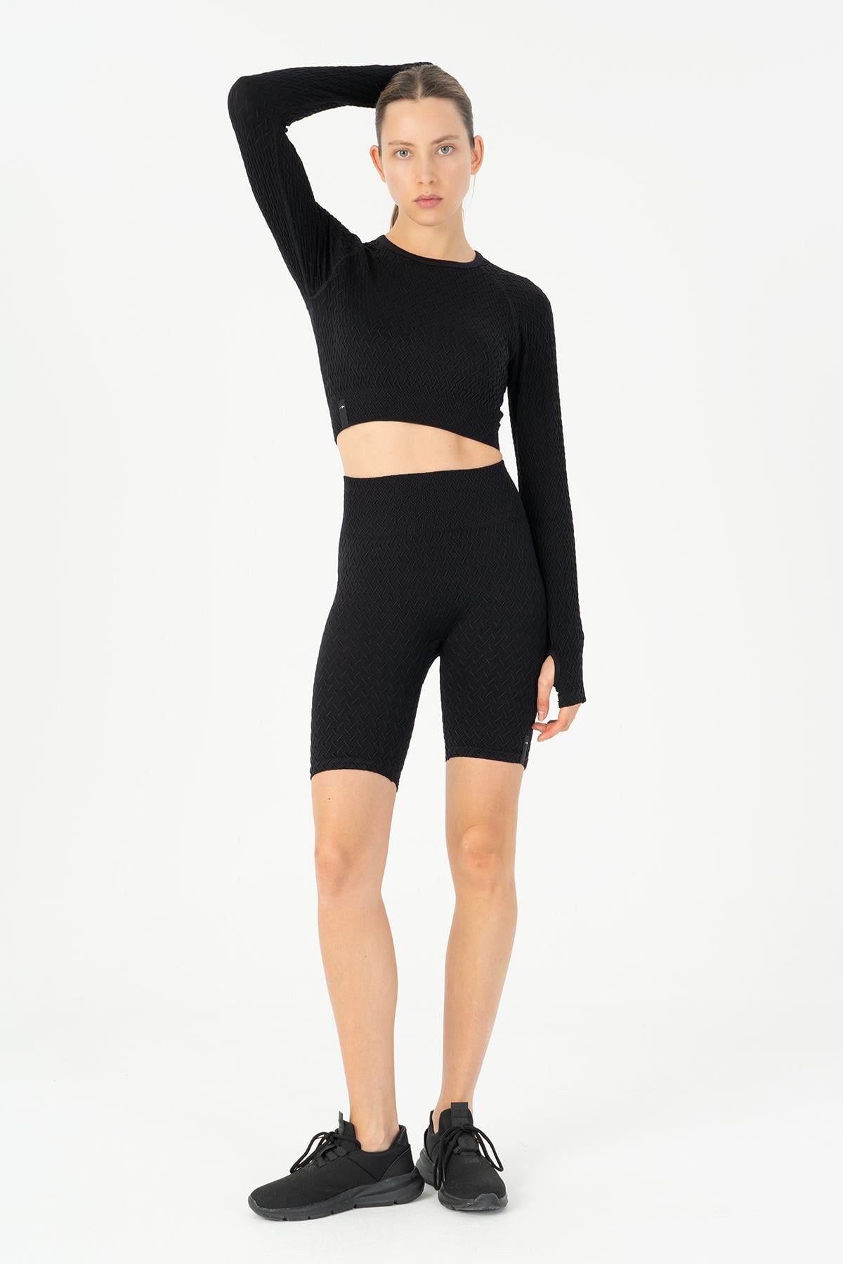 Maraton Active SlimFit Kadın Bisiklet Yaka  Reglan Kol Koşu Siyah Crop Top 816026
