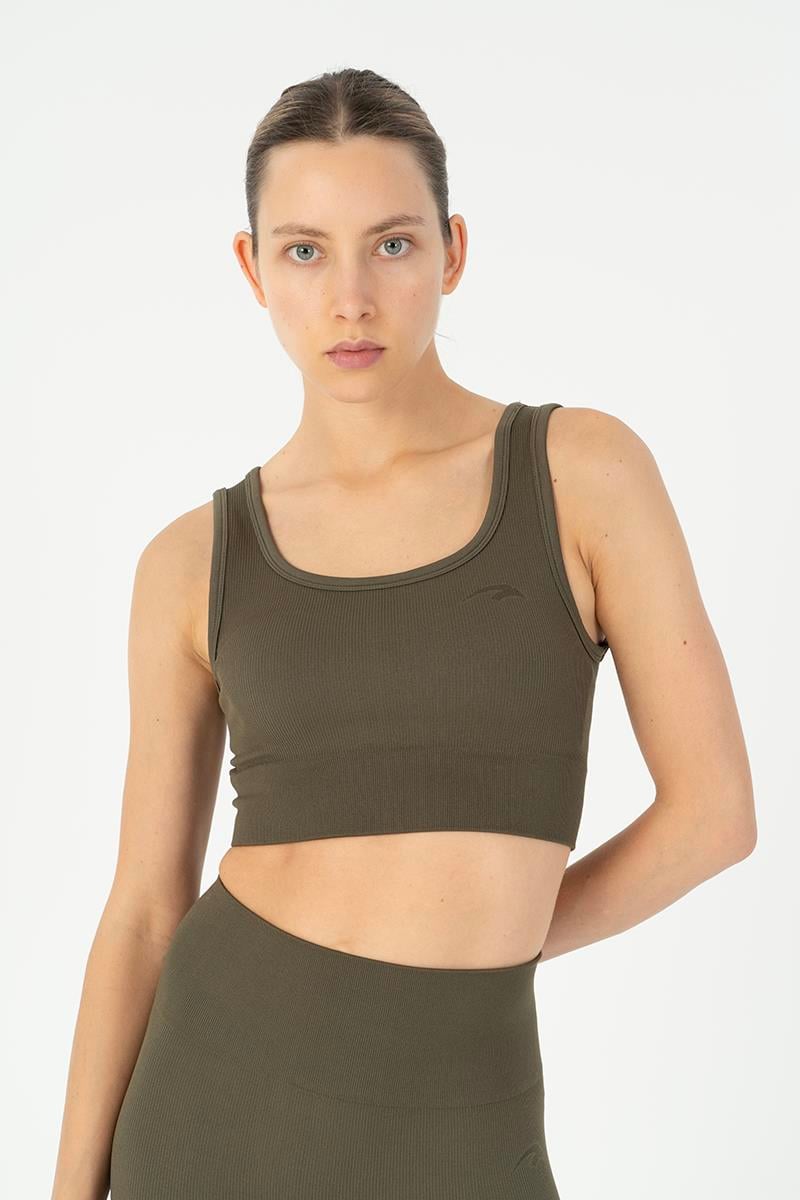 Maraton Active SlimFit Kadın Düz Yaka  Kolsuz Koşu Haki Bra 813097