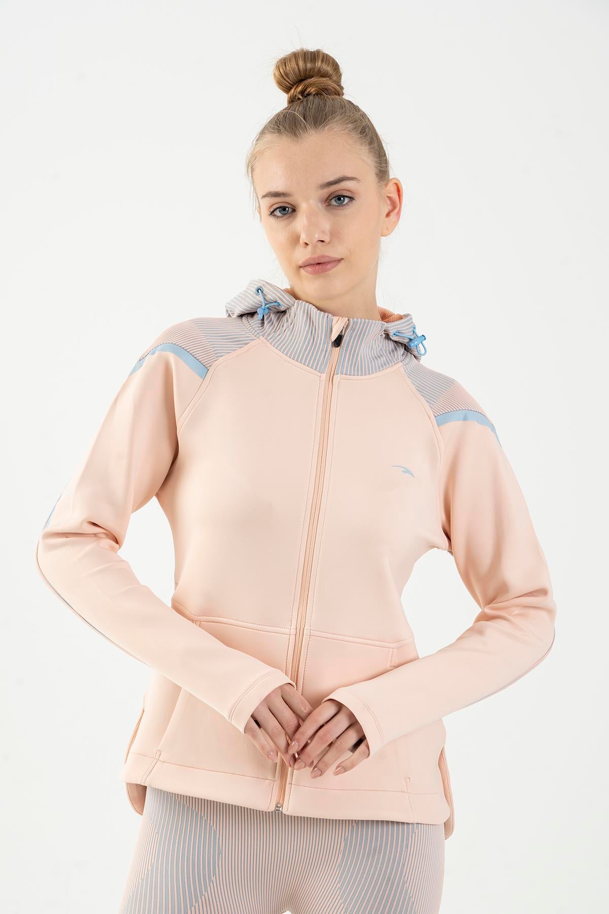 Maraton Active SlimFit Kadın Kapşonlu  Uzun Kol Spor Şeftali Tracktop 815015