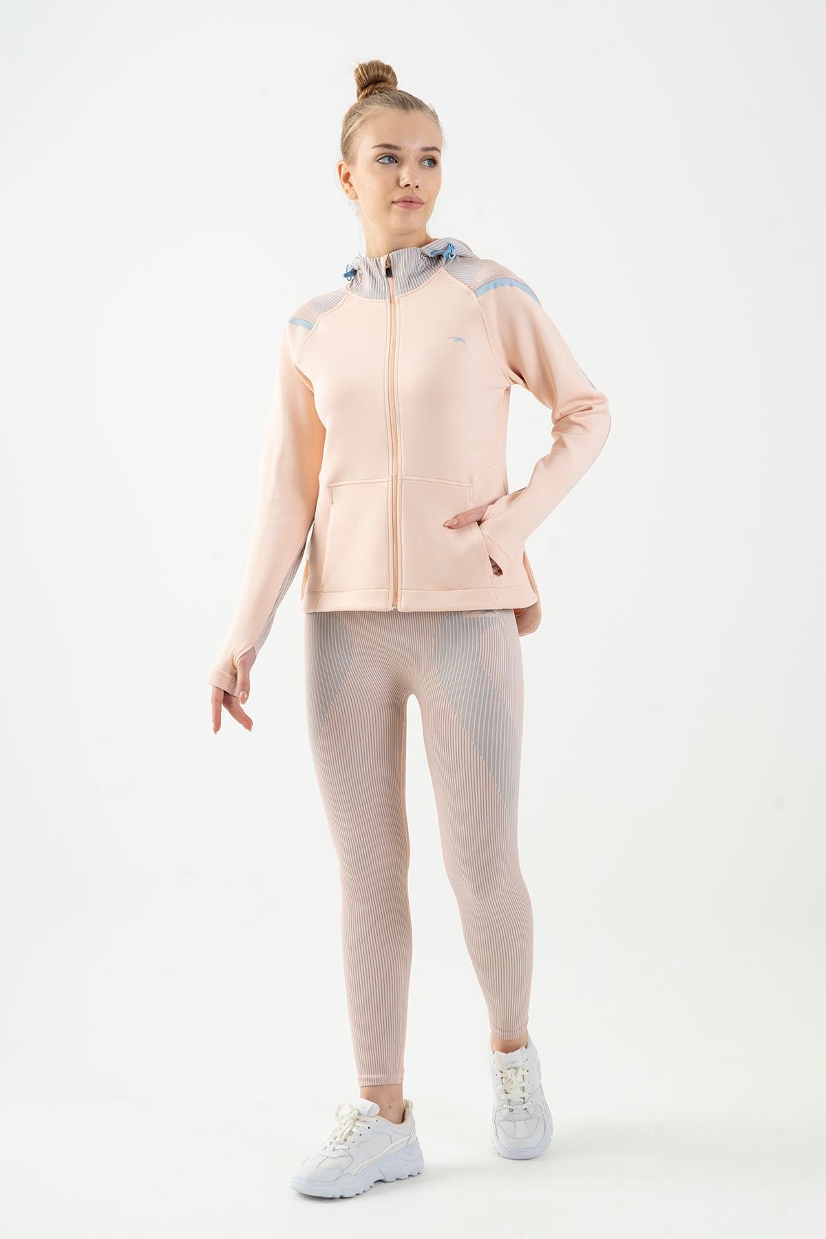 Maraton Active SlimFit Kadın Kapşonlu  Uzun Kol Spor Şeftali Tracktop 815015