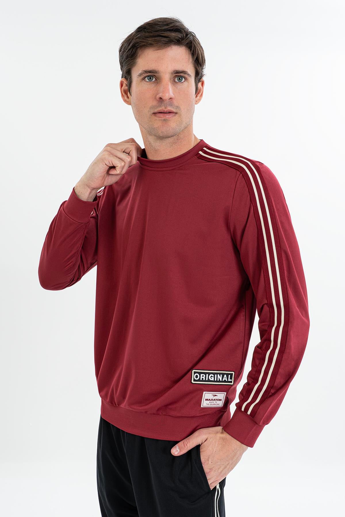 Maraton Comfort Erkek Bisiklet Yaka  Takma Kol Bordo Sweatshirt 23877