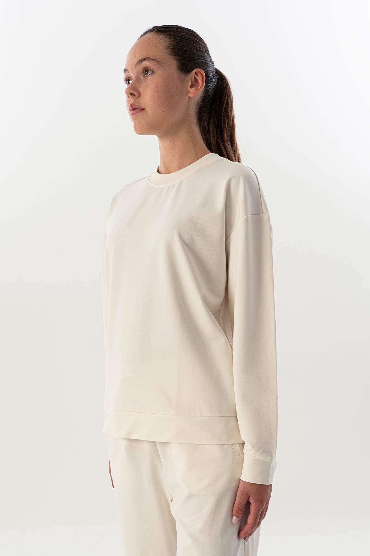 Maraton Comfort Kadın Bisiklet Yaka  Düşük Kol Ekru Sweatshirt 23853