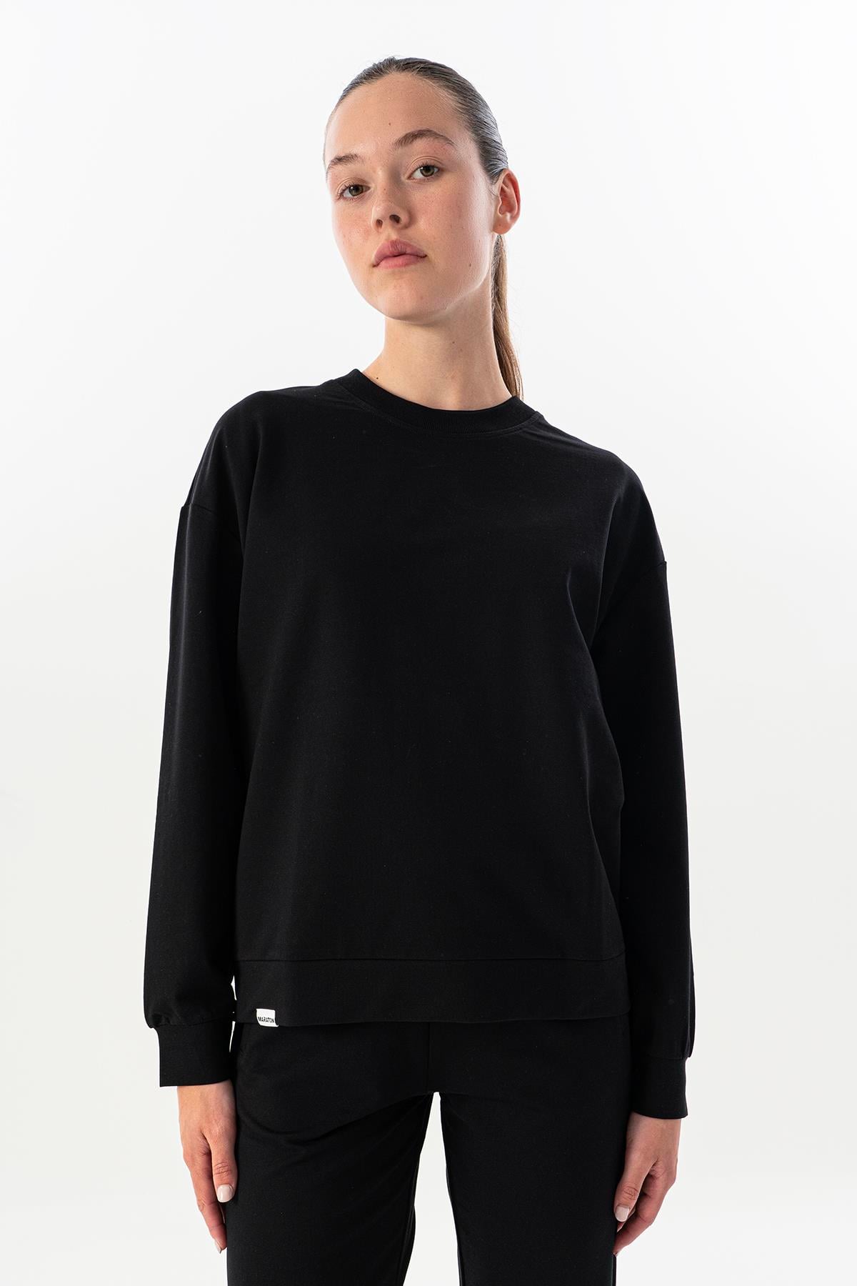 Maraton Comfort Kadın Bisiklet Yaka  Düşük Kol Siyah Sweatshirt 23853