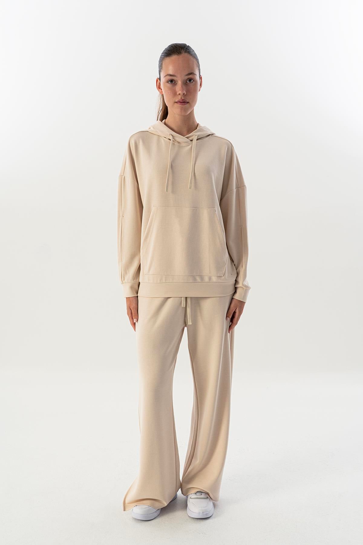Maraton Comfort Kadın Kapşonlu  Düşük Kol EKRU Sweatshirt 23859