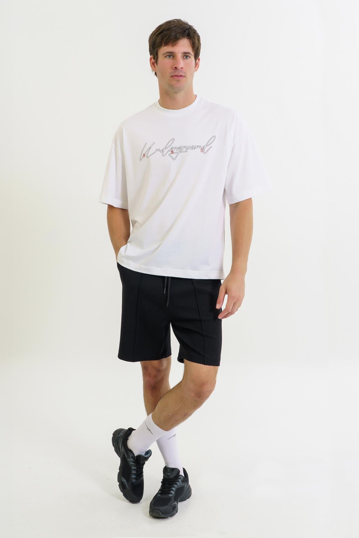 Maraton Oversize Erkek Bisiklet Yaka  Beyaz- T-shirt