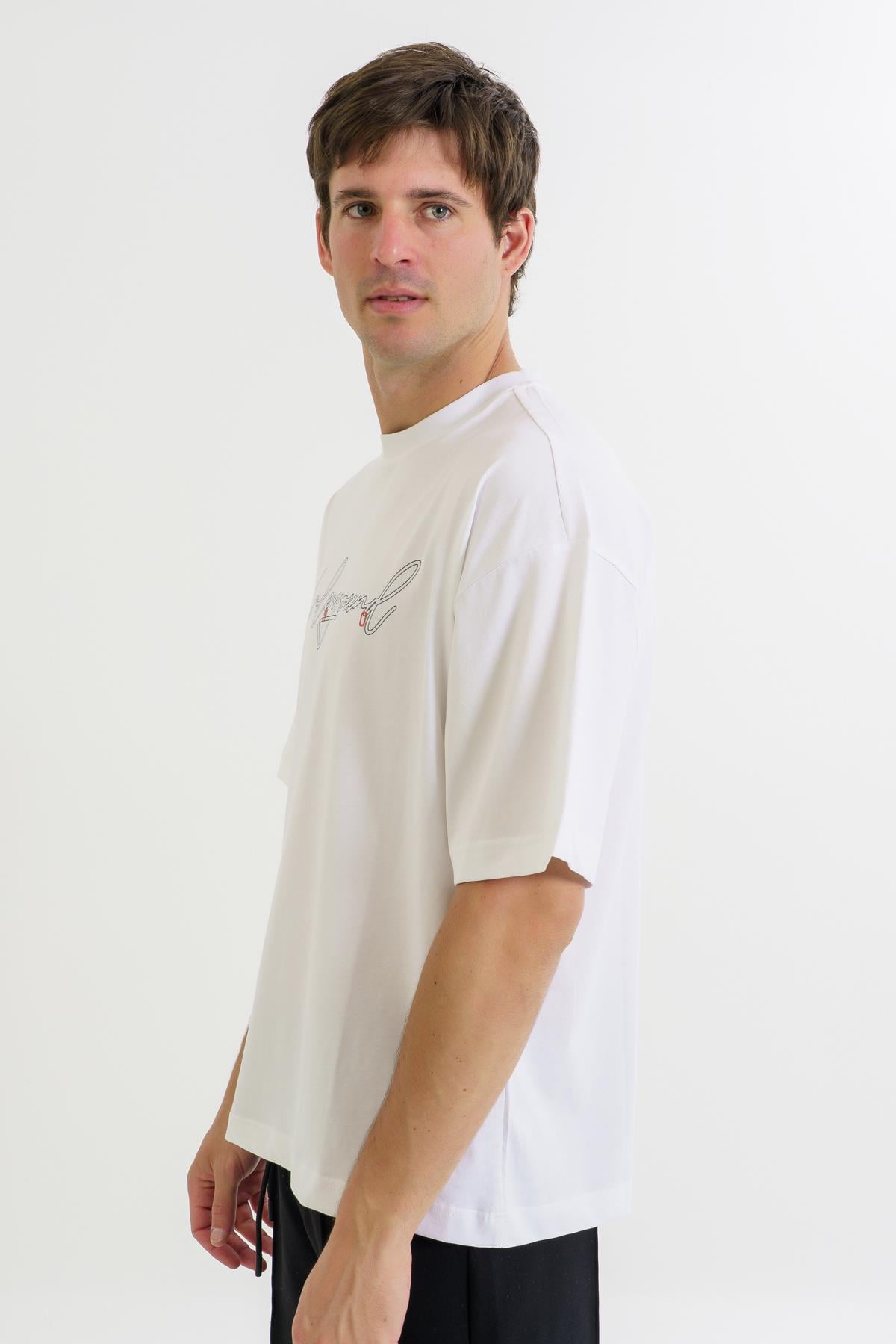 Maraton Oversize Erkek Bisiklet Yaka  Beyaz- T-shirt