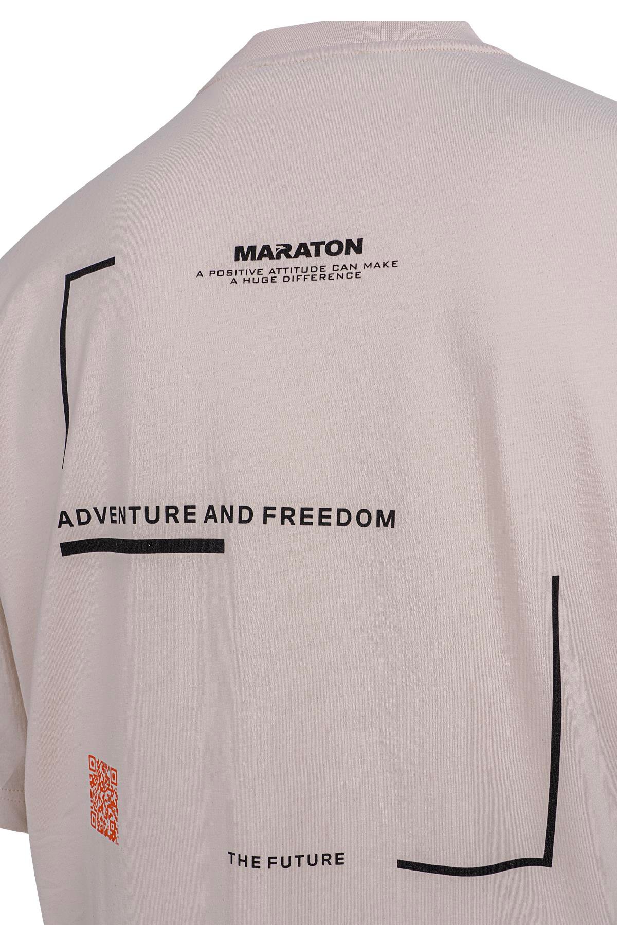 Maraton Oversize Erkek Bisiklet Yaka  Ekru- T-shirt