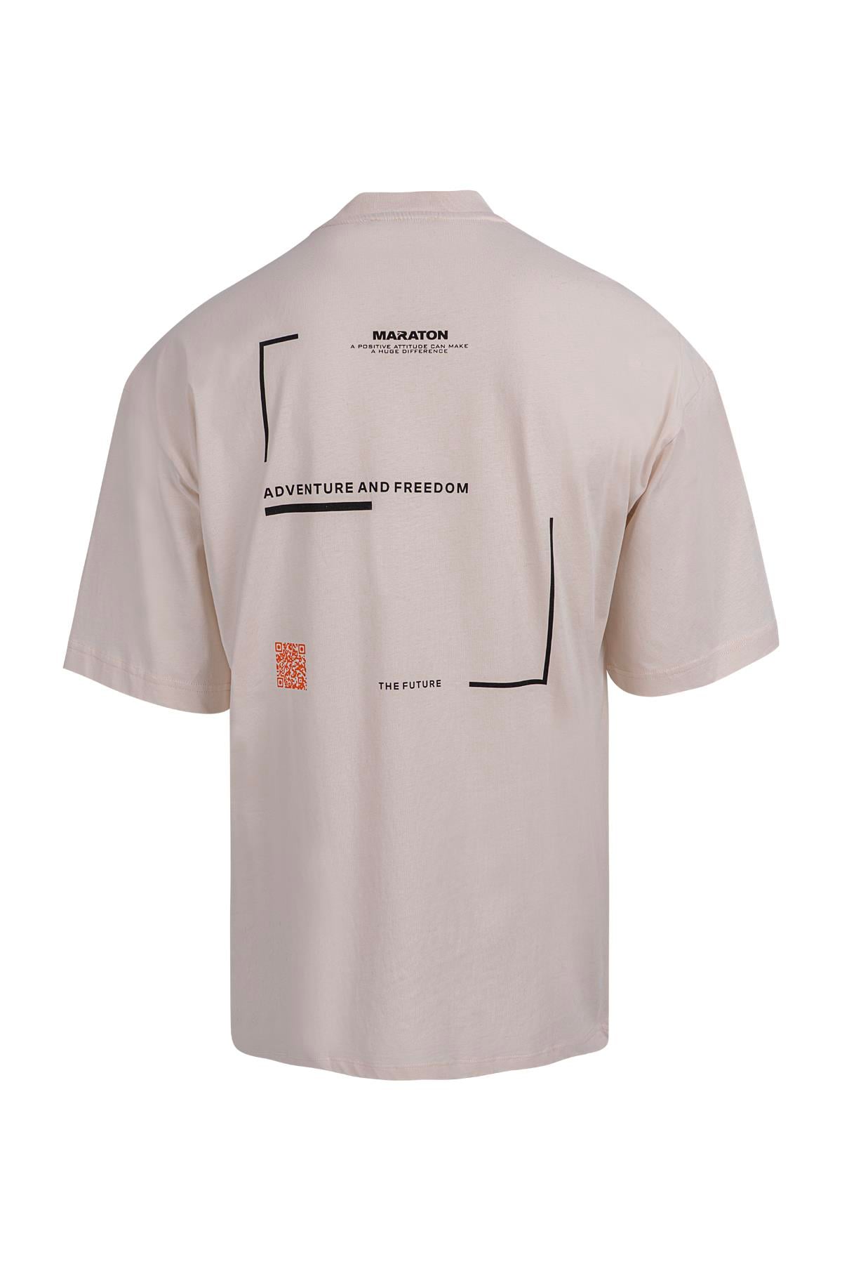 Maraton Oversize Erkek Bisiklet Yaka  Ekru- T-shirt