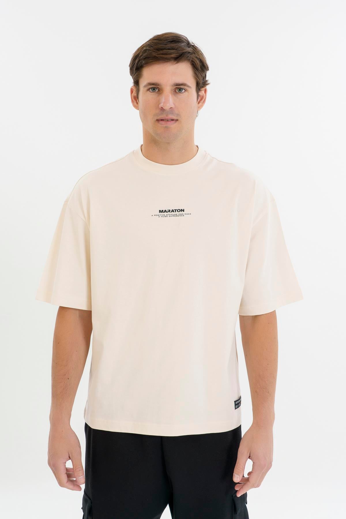 Maraton Oversize Erkek Bisiklet Yaka  Ekru- T-shirt