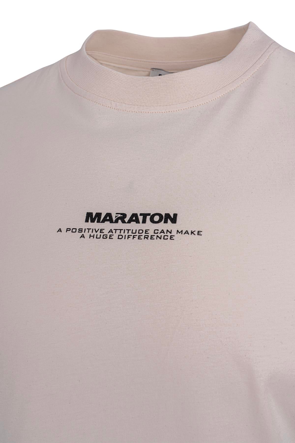 Maraton Oversize Erkek Bisiklet Yaka  Ekru- T-shirt