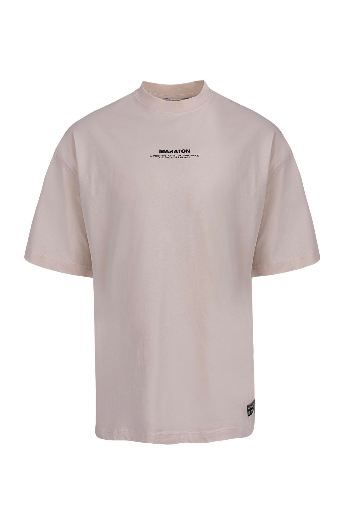 Maraton Oversize Erkek Bisiklet Yaka  Ekru- T-shirt