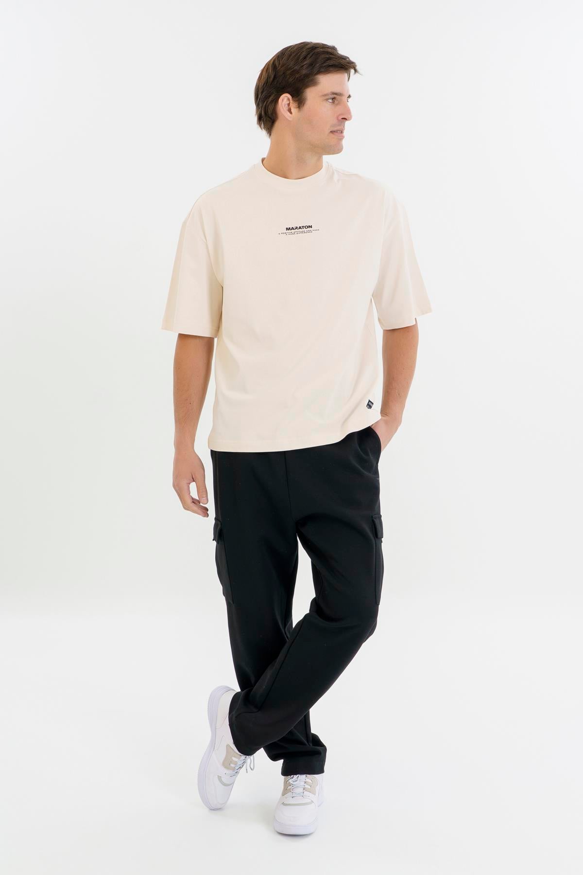 Maraton Oversize Erkek Bisiklet Yaka  Ekru- T-shirt