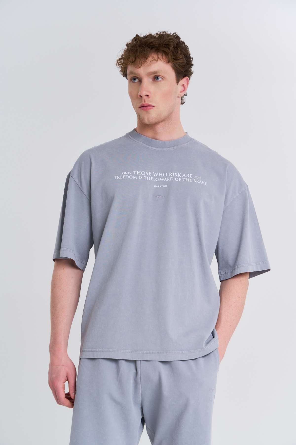 Maraton Oversize Erkek Bisiklet Yaka  Gri- T-shirt