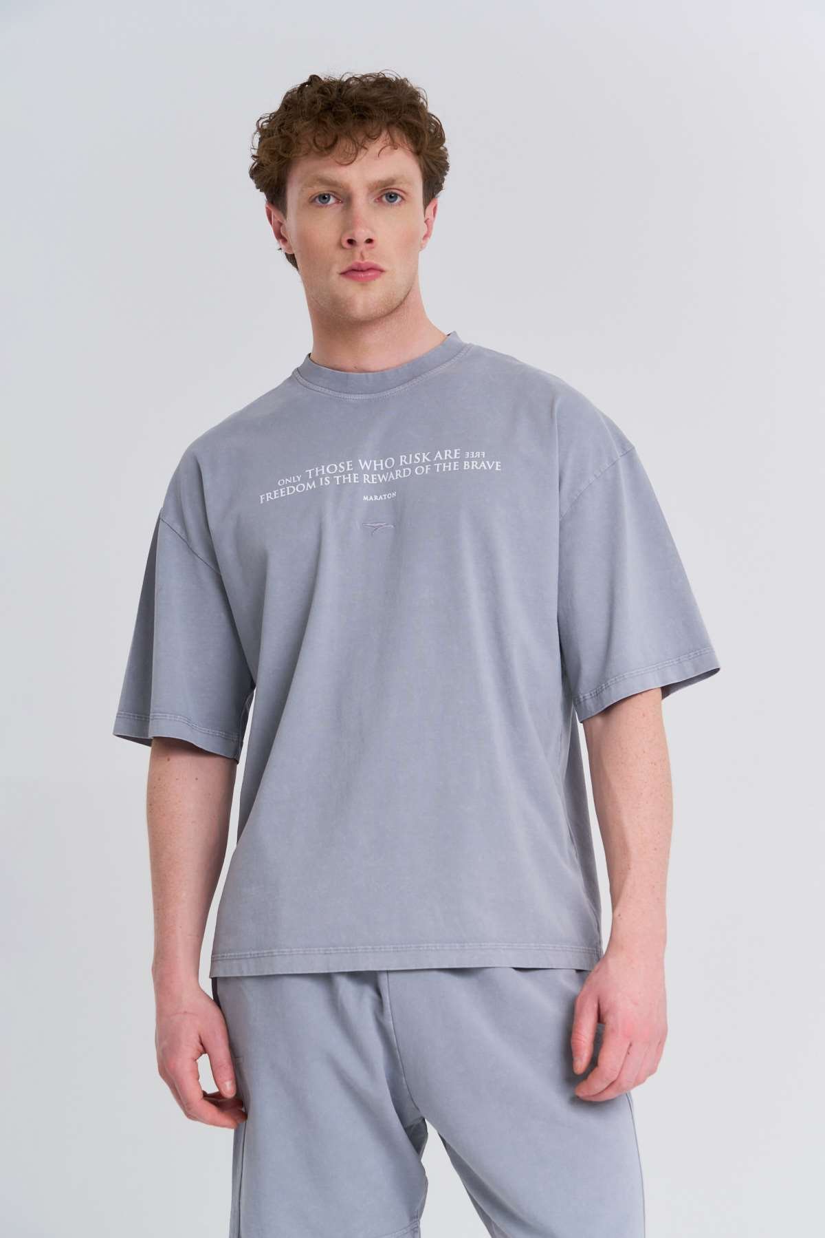 Maraton Oversize Erkek Bisiklet Yaka  Gri- T-shirt