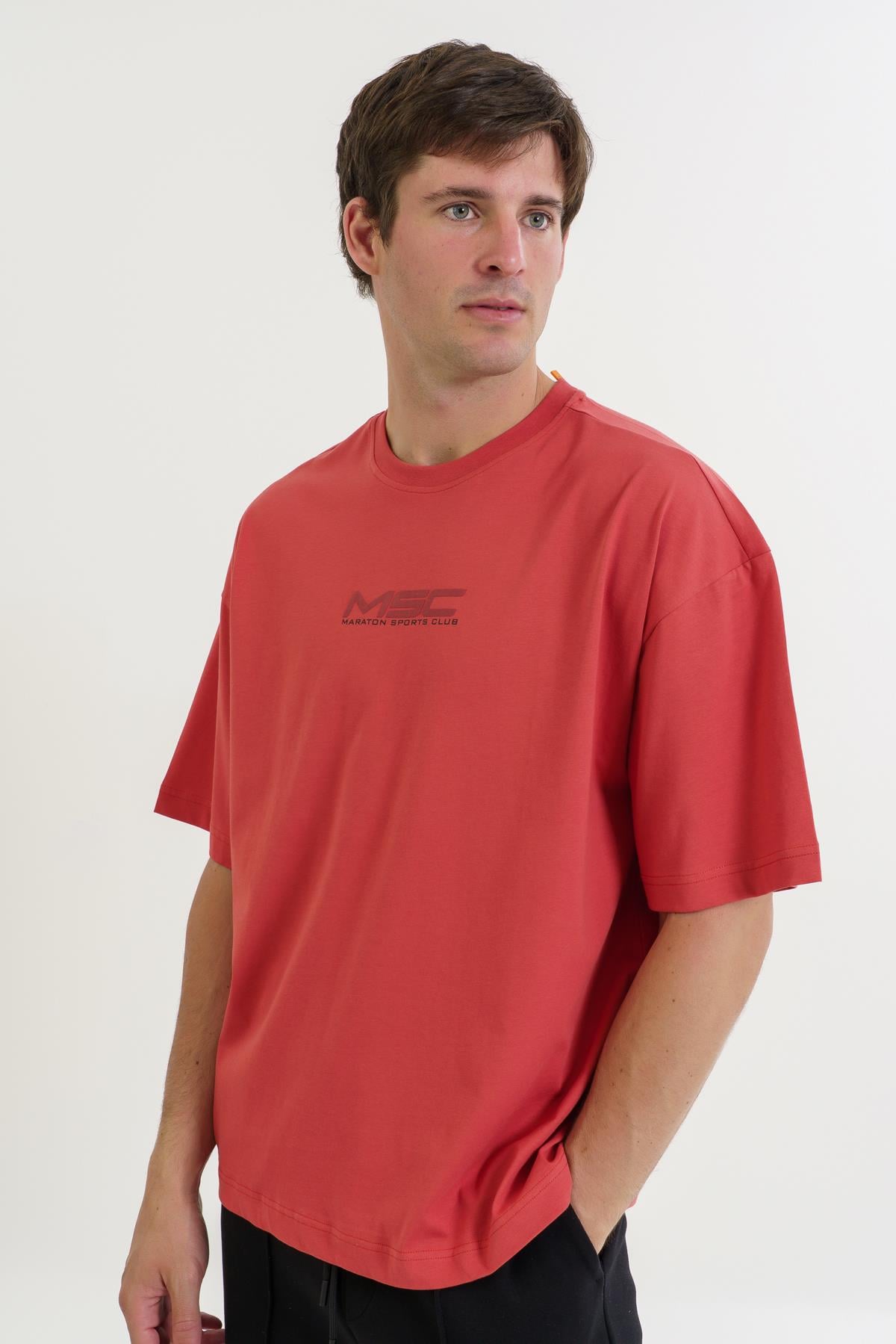 Maraton Oversize Erkek Bisiklet Yaka  Kısa Kol Kiremit T-shirt