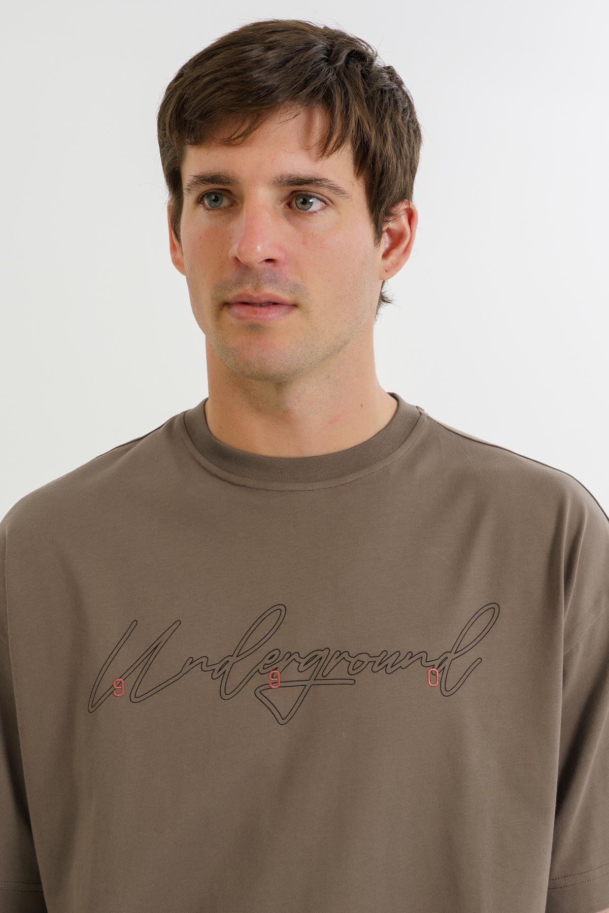 Maraton Oversize Erkek Bisiklet Yaka  Kakao T-shirt