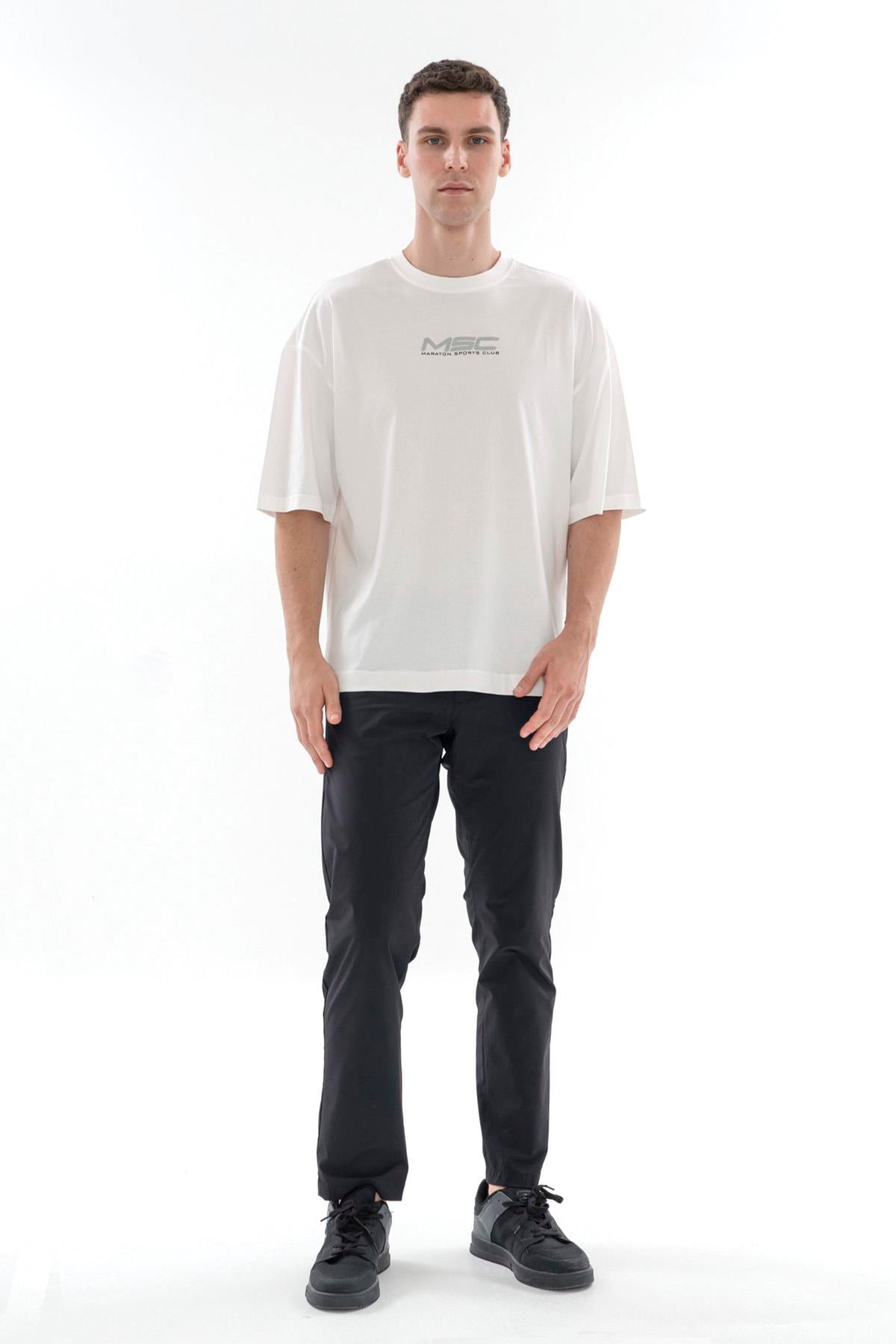 Maraton Oversize Erkek Bisiklet Yaka  Kısa Kol Beyaz T-shirt