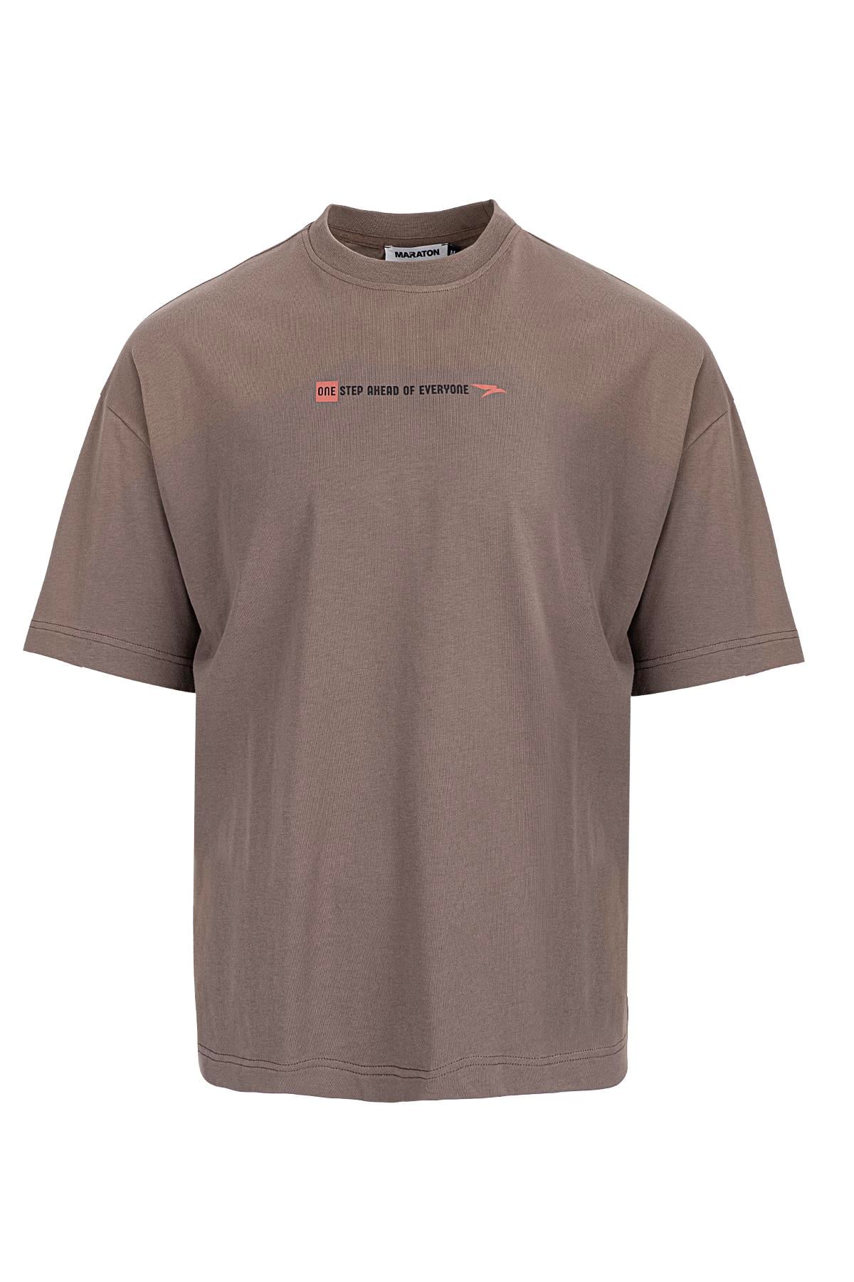 Maraton Oversize Erkek Bisiklet Yaka  Kısa Kol Kakao T-shirt 23895