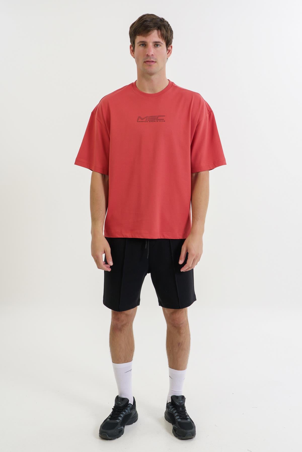 Maraton Oversize Erkek Bisiklet Yaka  Kısa Kol Kiremit T-shirt