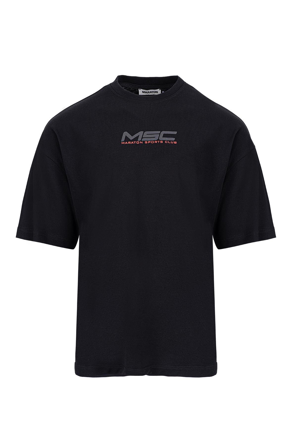 Maraton Oversize Erkek Bisiklet Yaka  Kısa Kol Siyah T-shirt