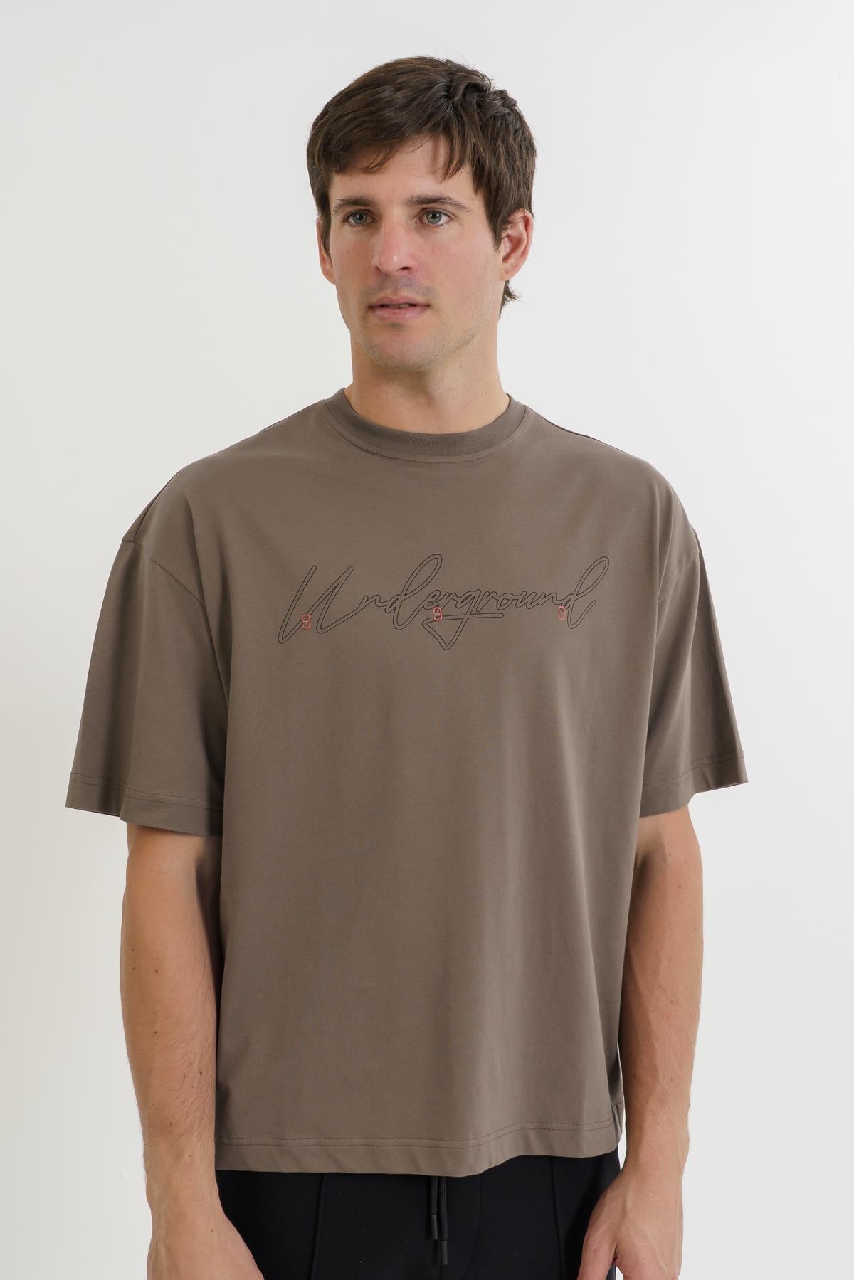 Maraton Oversize Erkek Bisiklet Yaka  Kakao T-shirt