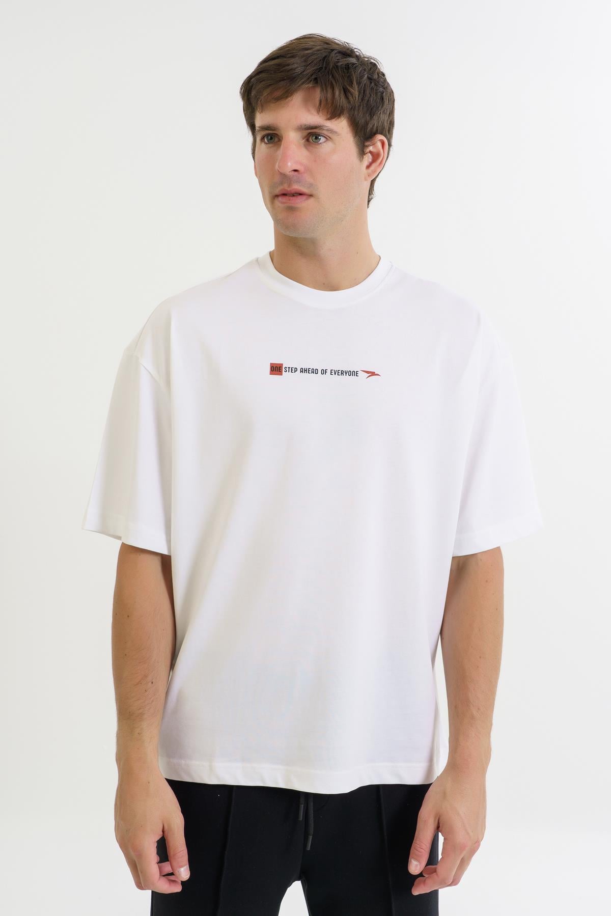 Maraton Oversize Erkek Bisiklet Yaka  Kısa Kol Beyaz T-shirt 23895