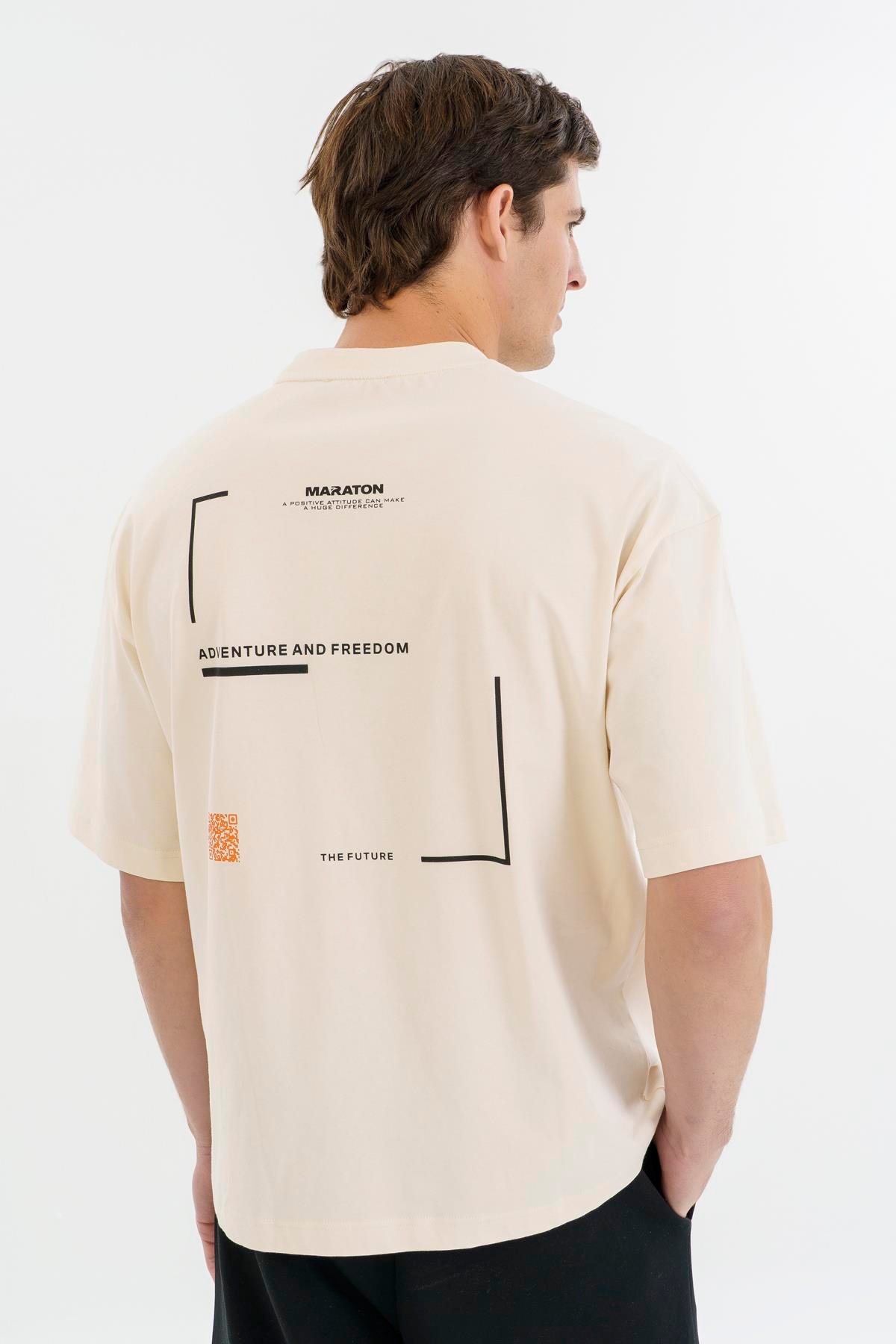 Maraton Oversize Erkek Bisiklet Yaka  Kısa Kol Ekru T-shirt 23520