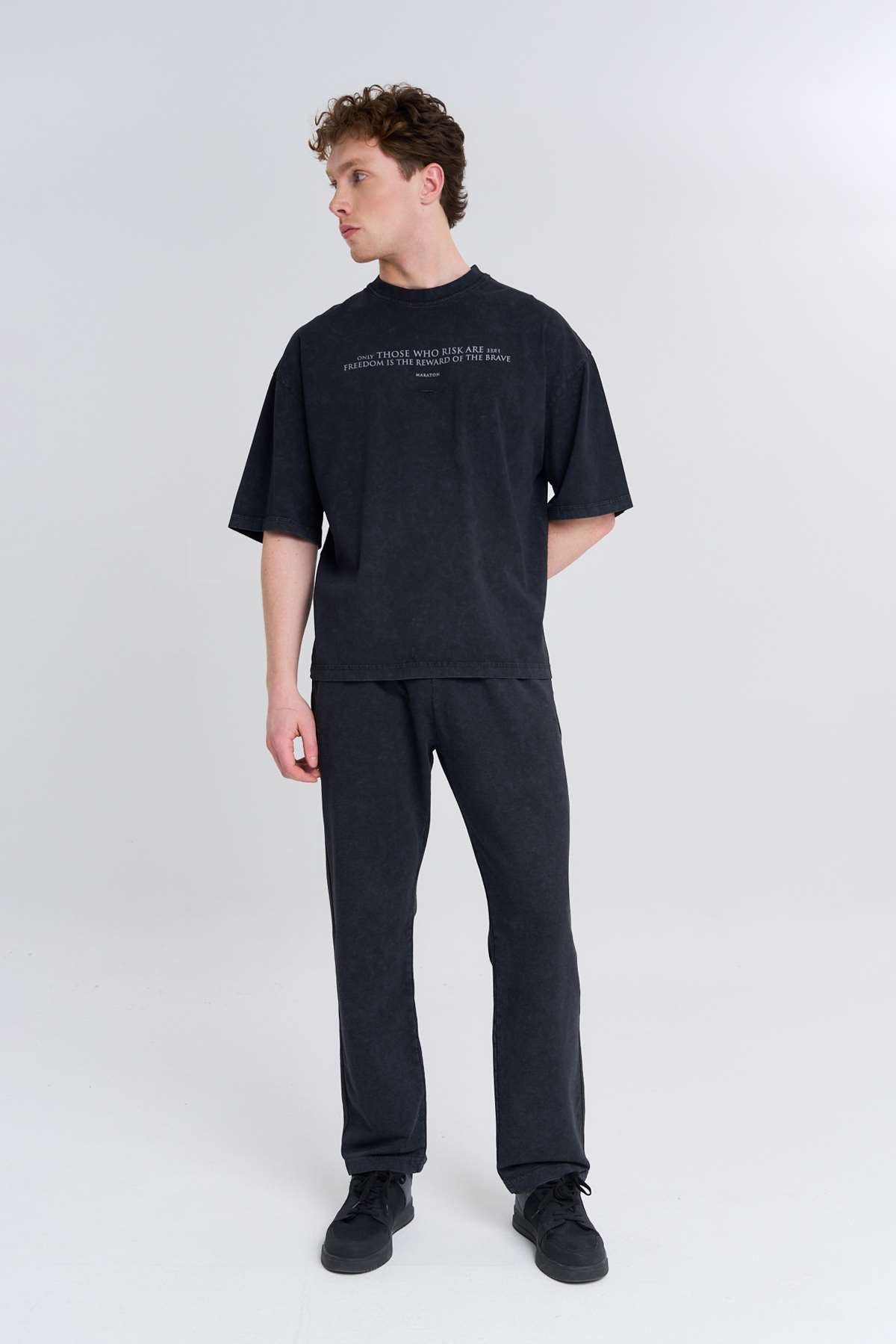 Maraton Oversize Erkek Bisiklet Yaka  Siyah T-shirt