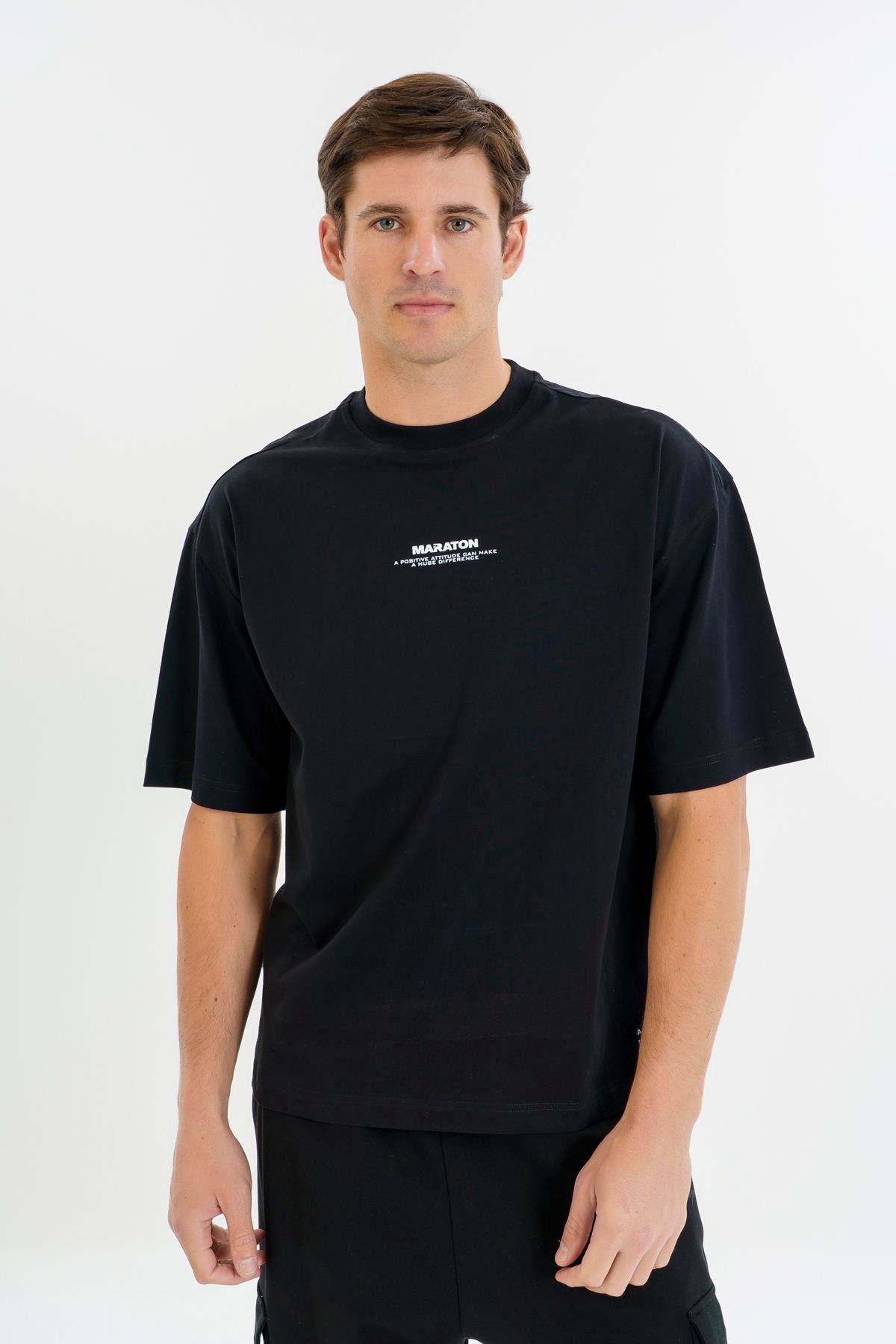 Maraton Oversize Erkek Bisiklet Yaka  Siyah T-shirt