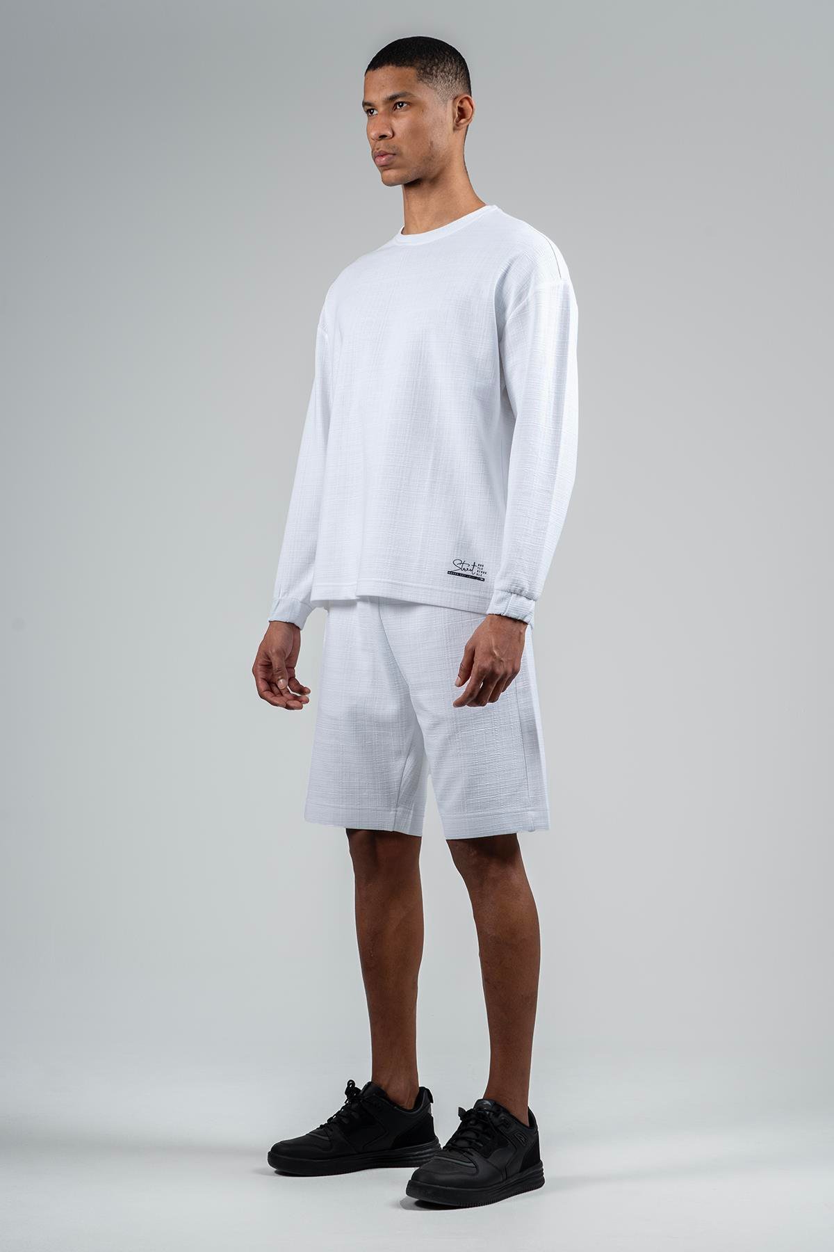 Maraton Oversize Erkek Bisiklet Yaka  Takma Kol Beyaz Sweatshirt 22706