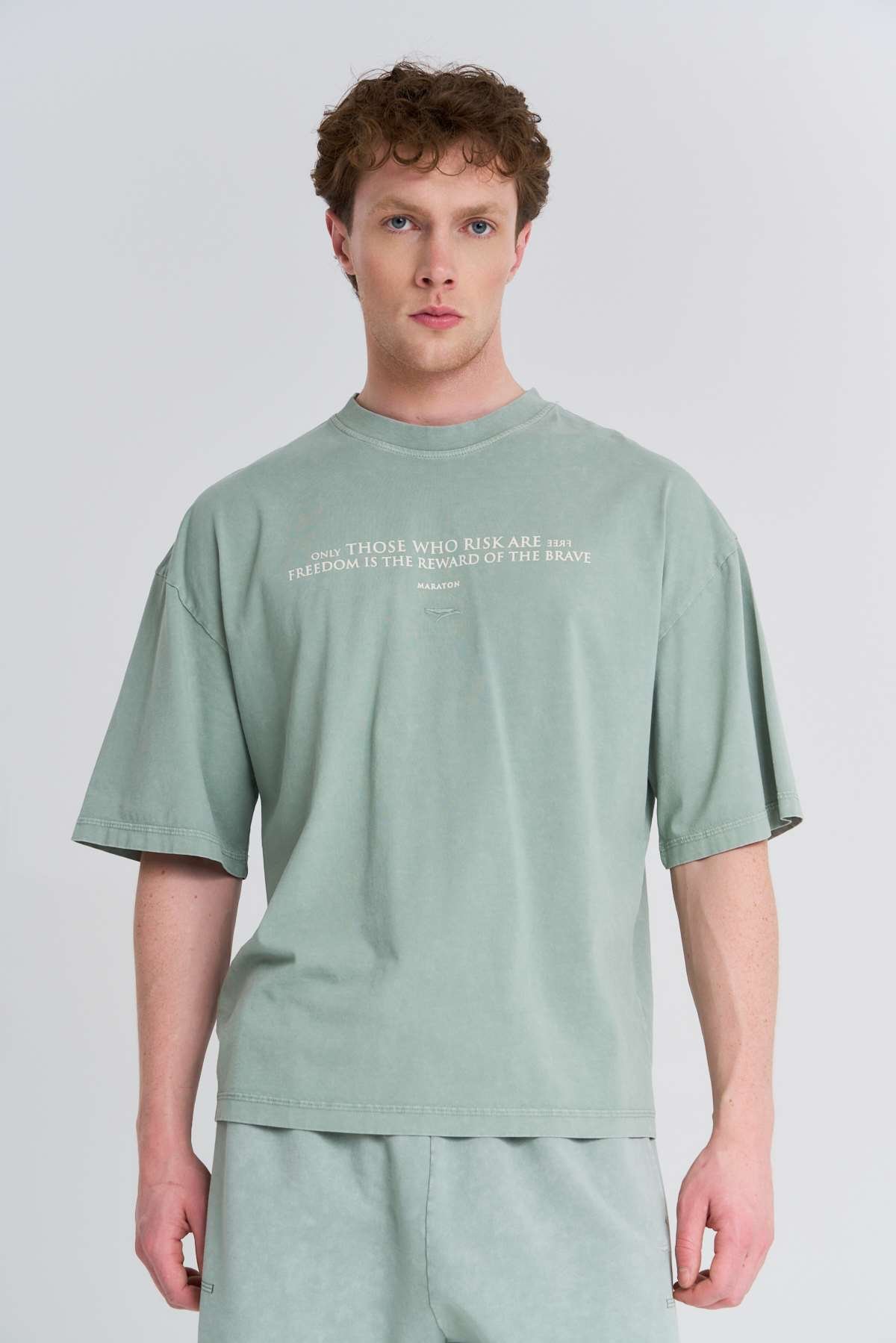 Maraton Oversize Erkek Bisiklet Yaka  Yeşil- T-shirt
