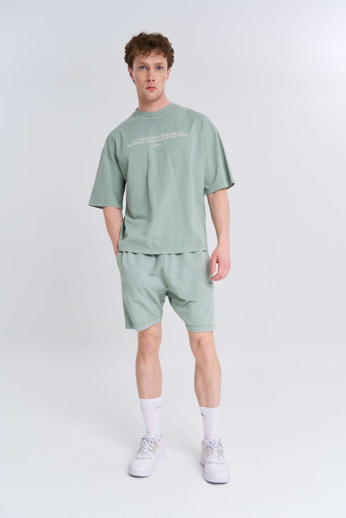Maraton Oversize Erkek Bisiklet Yaka  Yeşil- T-shirt
