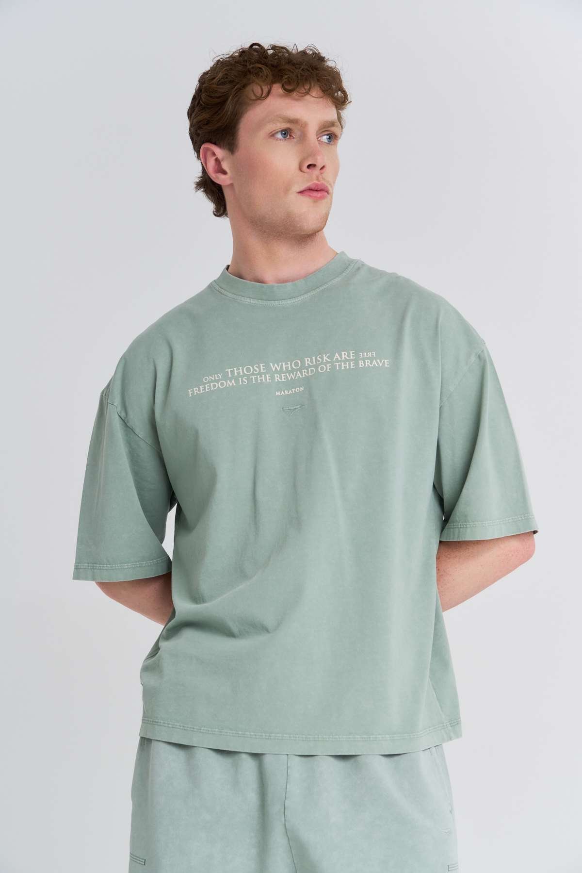 Maraton Oversize Erkek Bisiklet Yaka  Yeşil- T-shirt