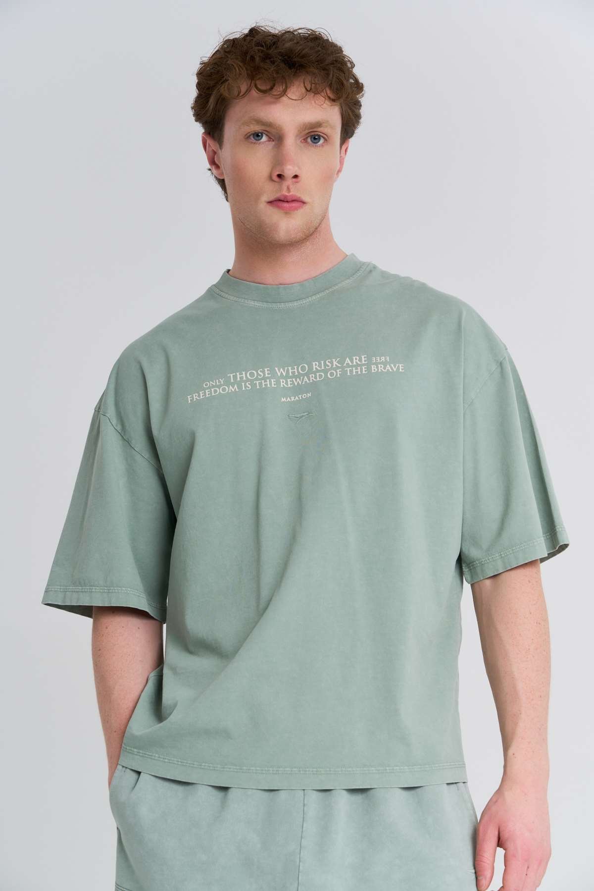 Maraton Oversize Erkek Bisiklet Yaka  Yeşil- T-shirt