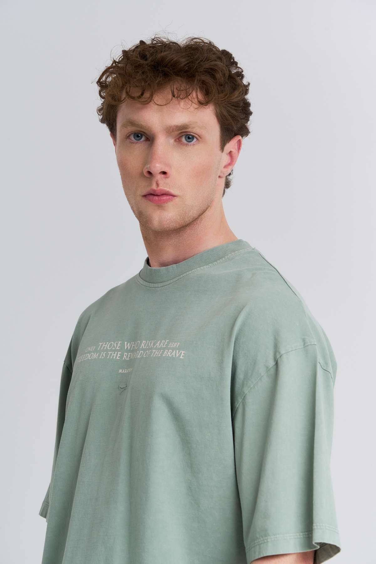 Maraton Oversize Erkek Bisiklet Yaka  Yeşil- T-shirt