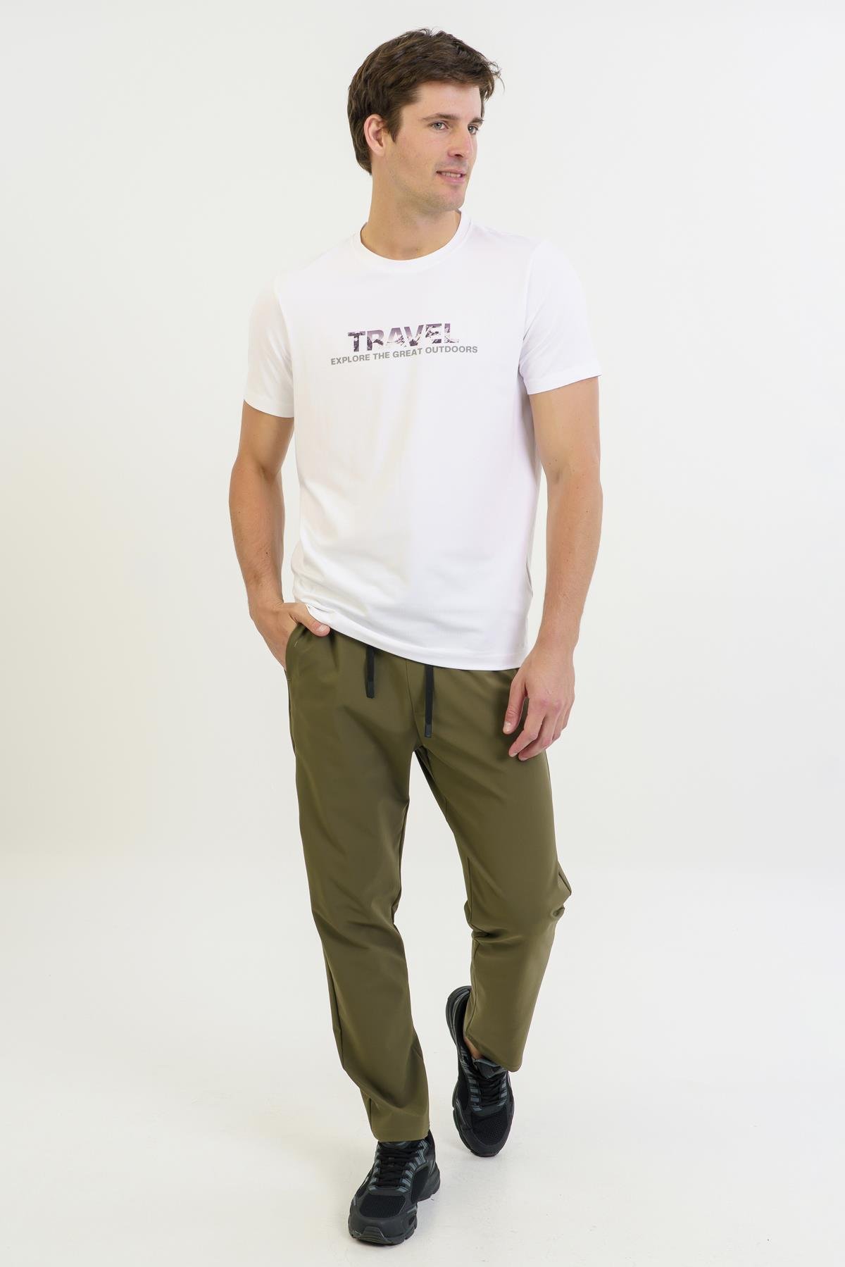 Maraton Regular Erkek Bisiklet Yaka  Takma Kol Beyaz T-shirt 23691