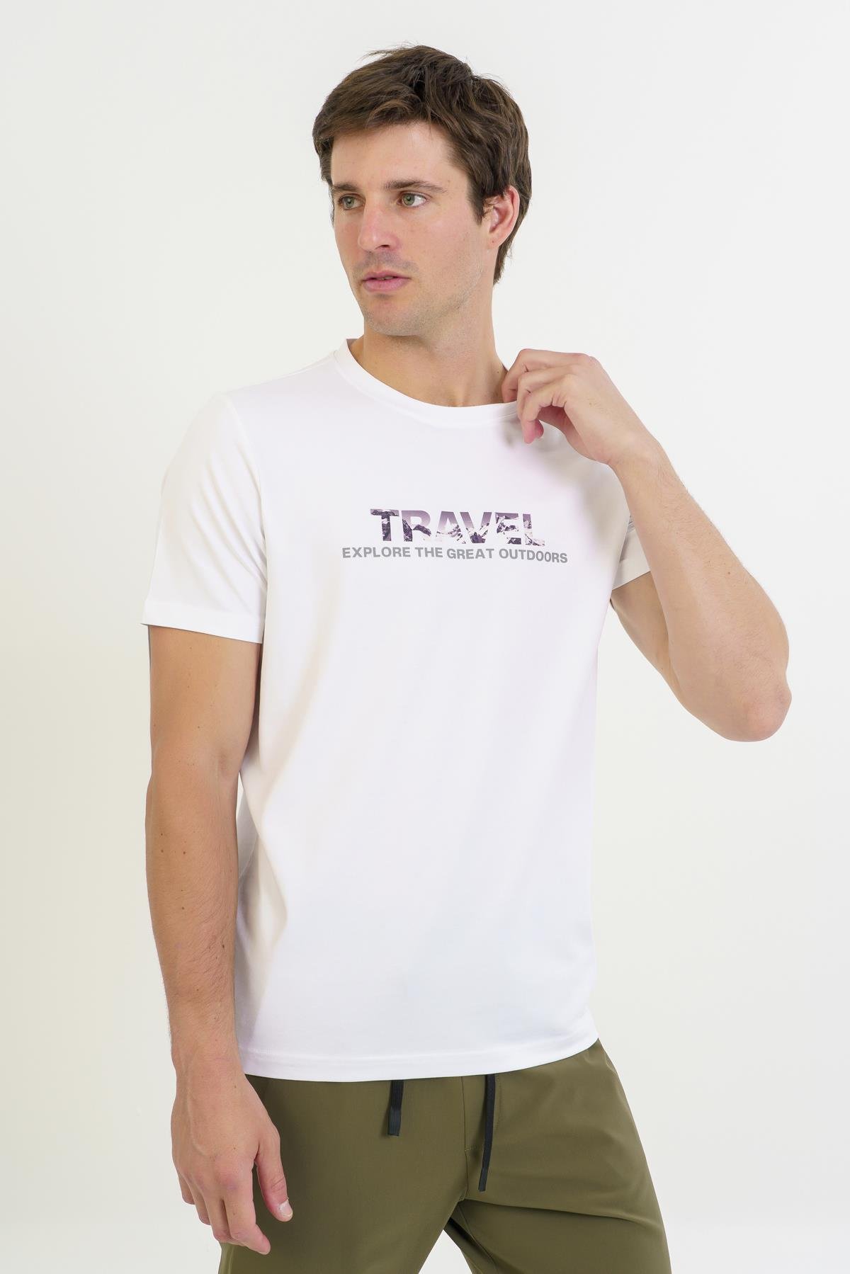 Maraton Regular Erkek Bisiklet Yaka  Takma Kol Beyaz T-shirt 23691